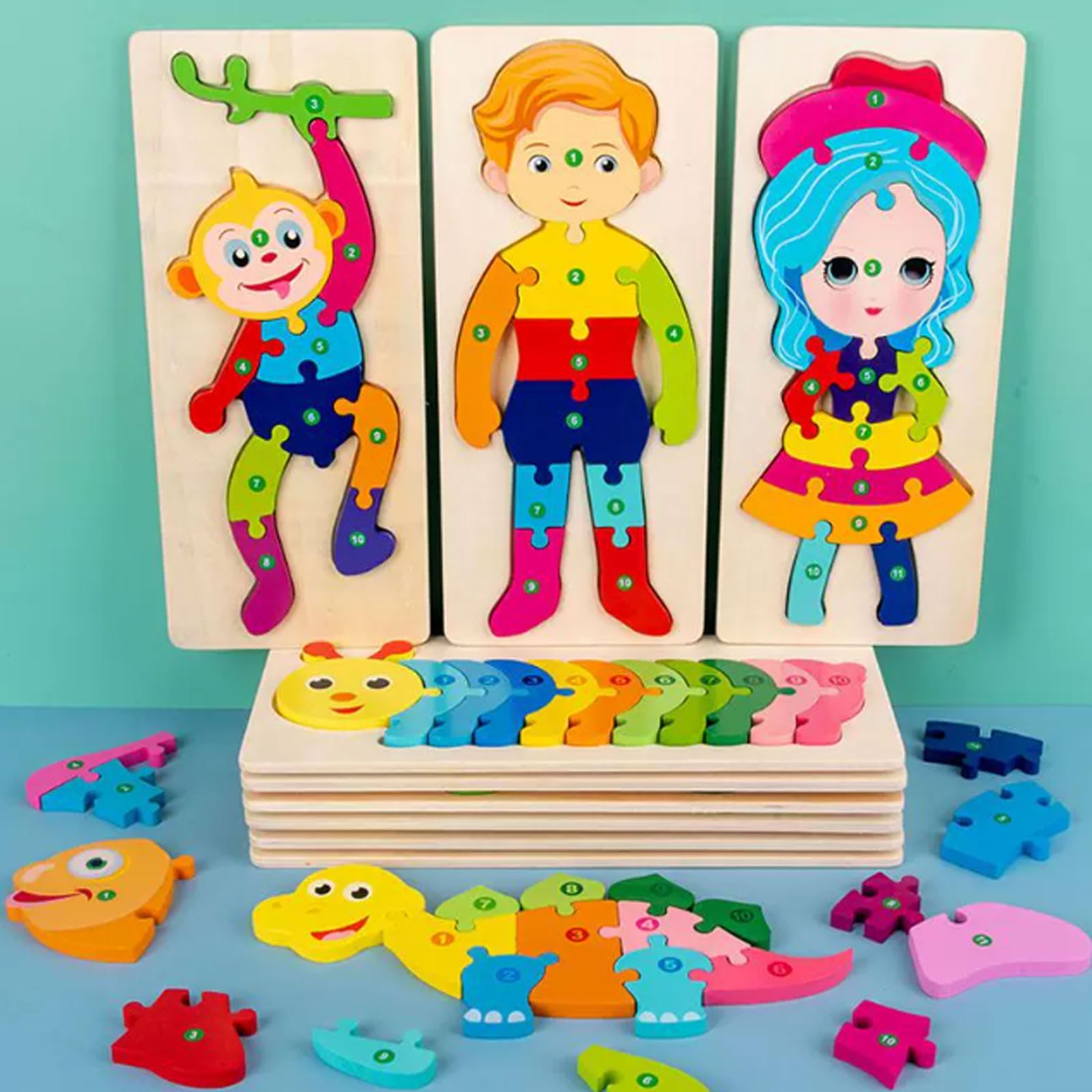 Puzzle 3D in Legno Montessori di Animali e Personaggi | Blocchi Educativi Precoce, Puzzle Giocattoli a Figure di Cartone con Dinosauro, Giraffa, Scimmia, Coniglio, Essere Umano
