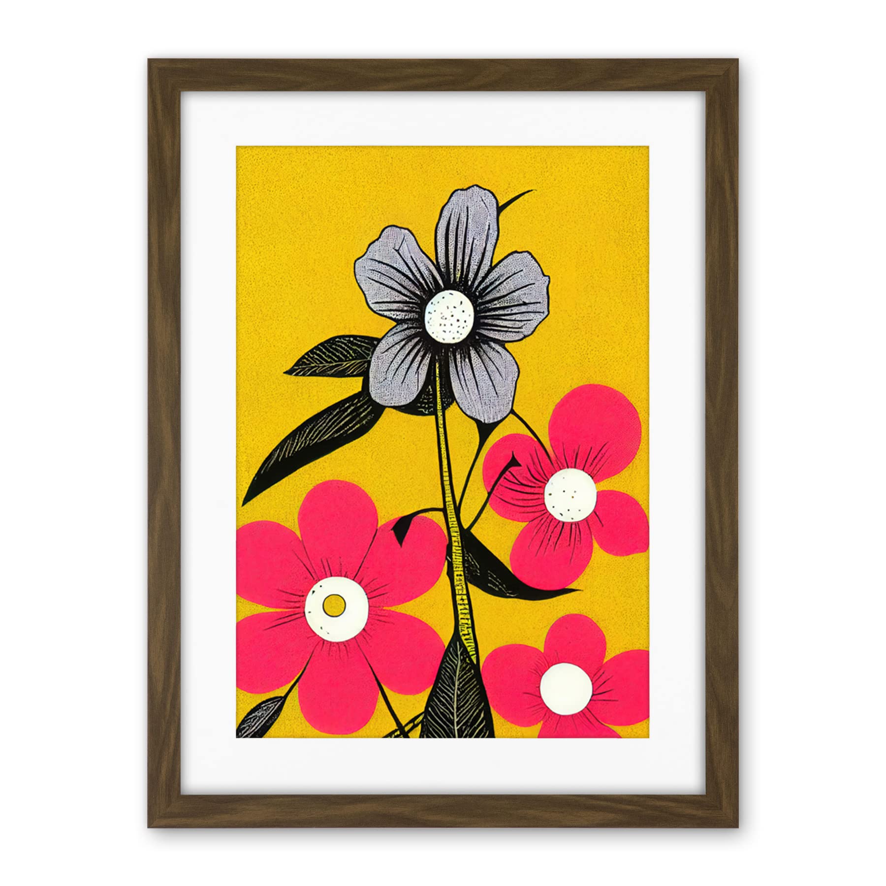 Wee Blue Coo Bold Flowers Linocut Pink And Mustard Yellow Print Artwork Framed Wall Art Print 18X24 Inch