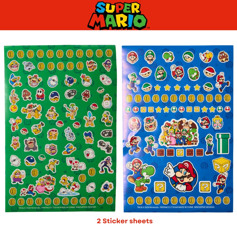 Nintendo Super Mario Color and Go Journal Set für Kinder, Spiral-Skizzenbuch, Buntstifte, Marker, Stickerbögen