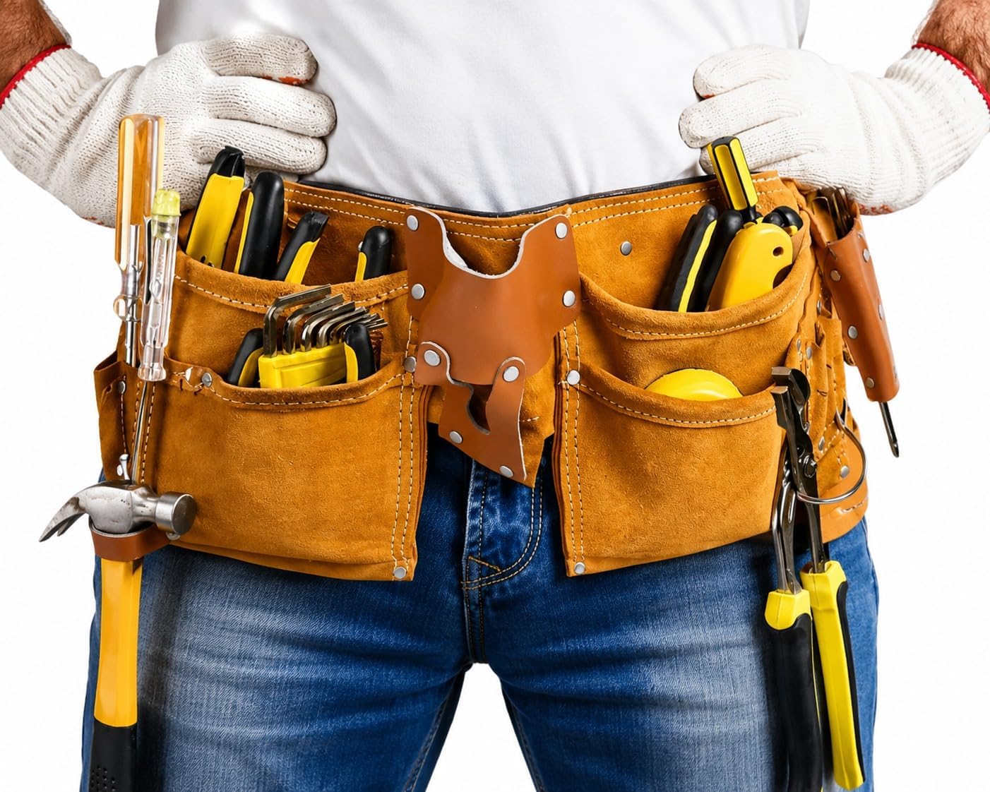 Gift for Men, Premium Leather Tool Belt for Men โ Adjustable Carpenter Belt (Fits Waist 33"โ48") | Heavy-Duty Construction Pouch for Framers, Handyman, Electricians โ Brown