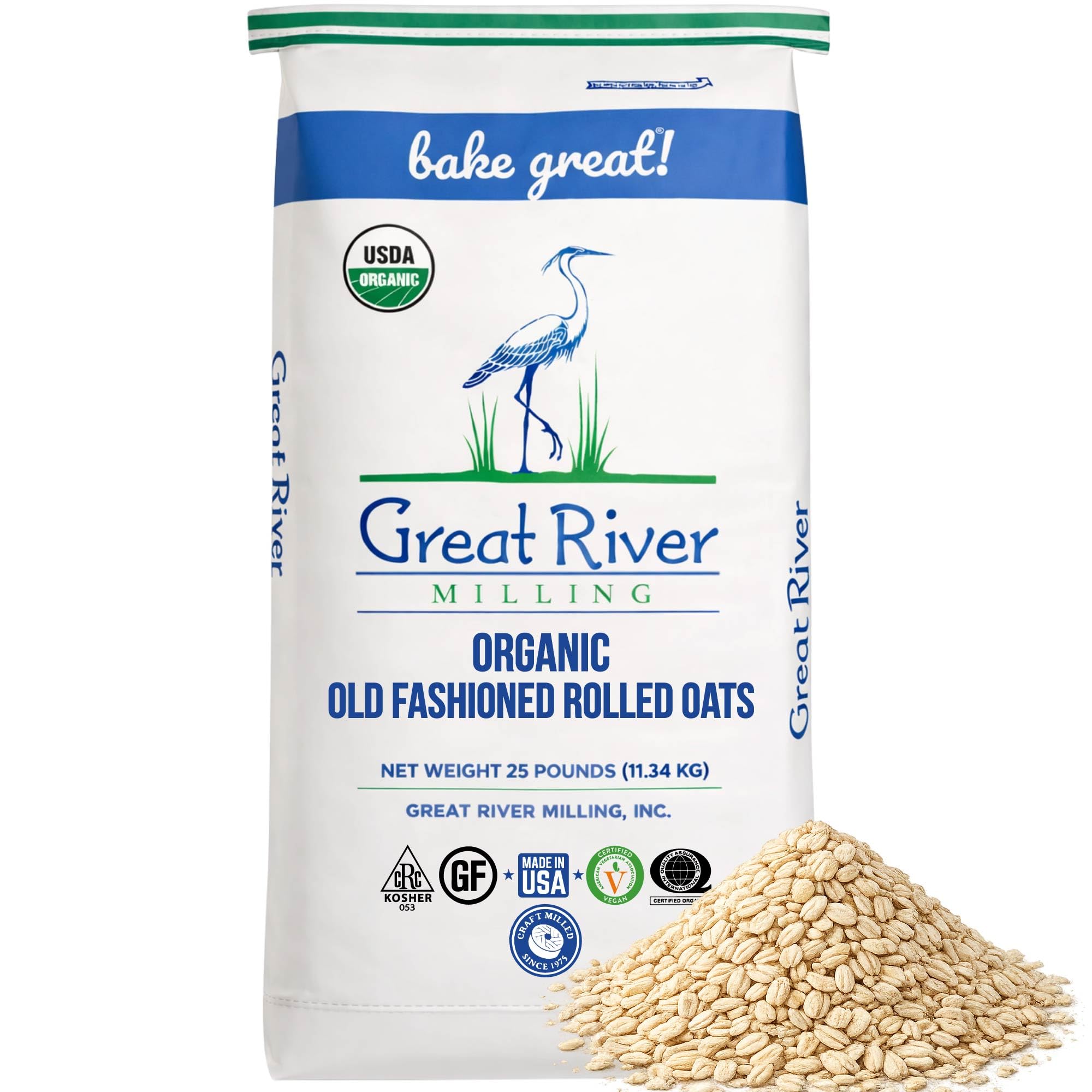 Organic Old Fashioned Rolled Oats | Whole Grain, USDA Organic, Non-GMO, Kosher | Hearty Texture for Oatmeal, Granola, Cookies, Baking & Meal Prep | 25 Lb. (Pack of 1)