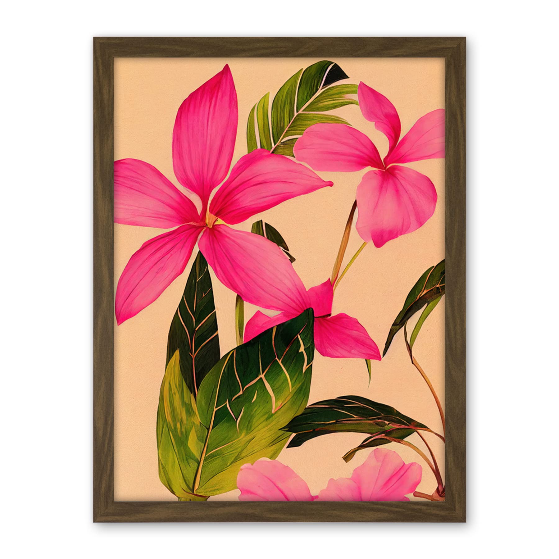 Wee Blue Coo Exotic Pink Plumeria Flower Plant Blooms Watercolour Pencil Illustration Artwork Framed Wall Art Print 18X24 Inch