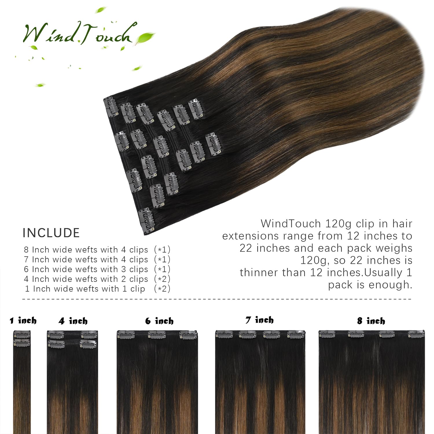 WindTouch Clip in Hair Extensions Human Hair, 15 Inch 75g #4 Medium Brown Hair Extensions for Women Real Human Hair Clip in, Remy Human Hair Extensions Clip ins, Soft Natural Straight — view 52