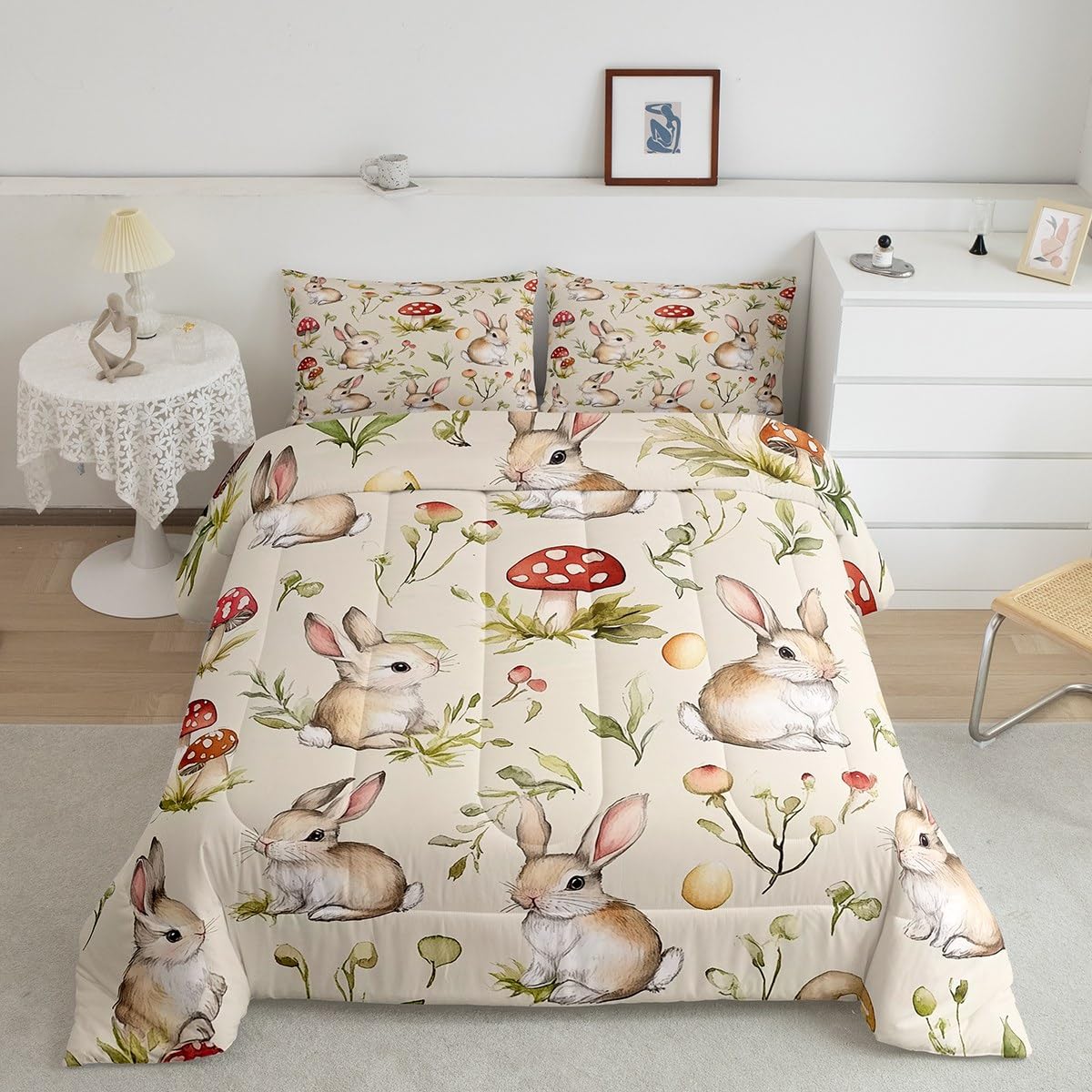 Feelyou Cute Bunny Bedding Set Cartoon Rabbit Comforter Set for Kids Boys Girls Red Mushrooms Quilt Set Colorful Eggs Duvet Quilt with 2 Pillowcases 3Pcs Bedding Full