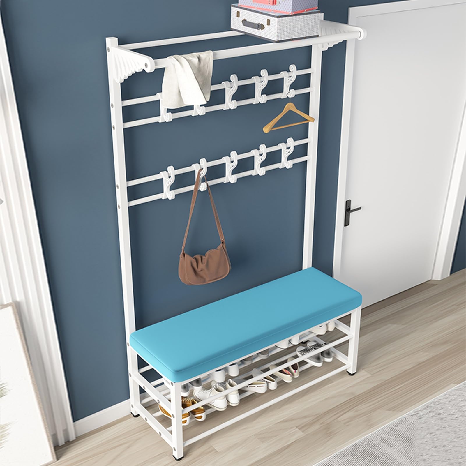 GHFXSCV Industrial Metal Coat Rack & Shoe Bench, Easy Assembly Entryway Sto, Rustic Black/White Design, 100cm Wide, Versatile Hallway nizer, Home Décor