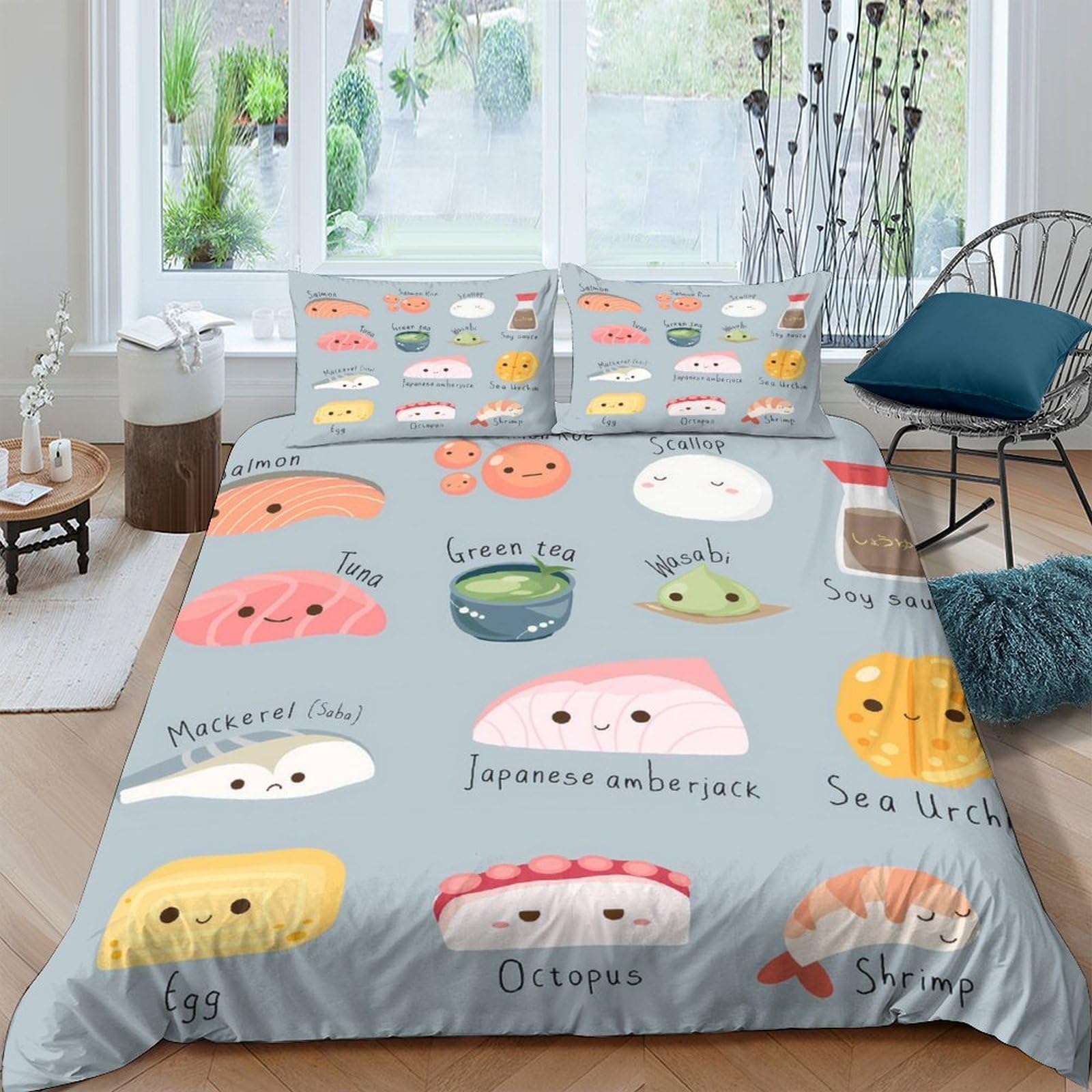 Ctjqhvkz Style-8 3D Printed Cute Sushi Fitted Sheet Microfiber Soft Cartoon Japanese Food Bed Cover For Bedroom Dorm Mattress Decor Single（135X200cm）