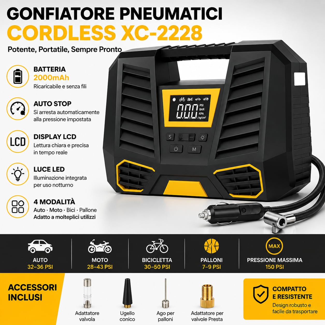 NLIGHTING Compressore Aria Portatile 150 PSI con Batteria da 2000mAh, Display Digitale LCD e Luce LED, Spegnimento Automatico, Mini Pompa Elettrica per Auto, Moto, Bici e Palloni