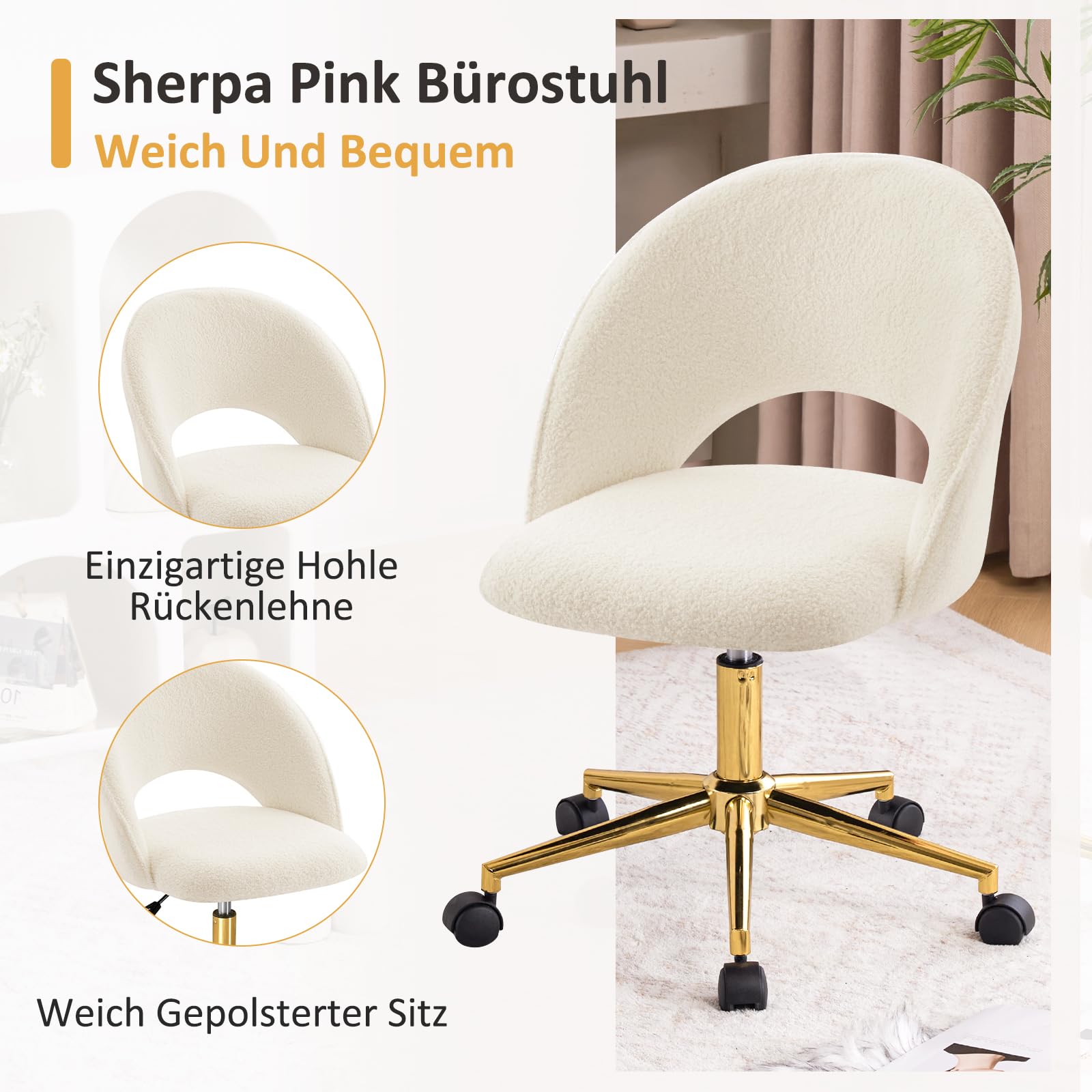 Hellove Bürostuhl mit goldenem Gestell, Schreibtischstuhl, Schminktischstuhl aus Sherpa, 360°Drehstuhl Höhenverstellba 135 kg belastbar für Wohnzimmer,Schminkzimmer,Schlafzimmer, Weiß