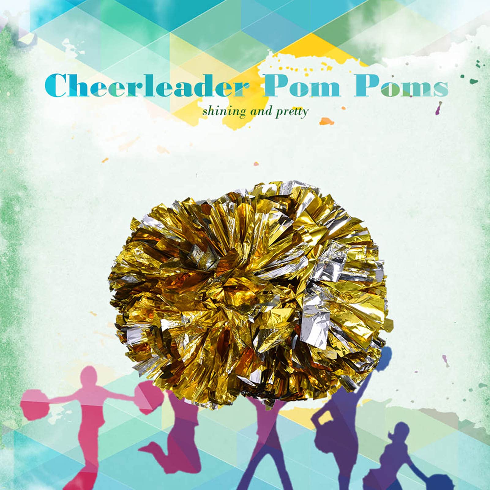 2PCS Pom Poms Cheerleading, Pompoms Cheer with Baton Handle for Team Spirit Sports Dance Cheering Kids Adults (Gold + Silver)