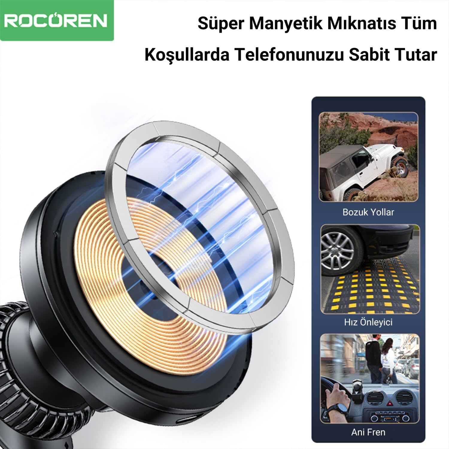 Rocoren 15W Bezprzewodowa ładowarka samochodowa, magnetyczna z QC3.0, Automatyczne i szybkie automatyczne ładowanie bezprzewodowe, rozpraszanie ciepła, kompatybilna z MagSafe, iPhone Series