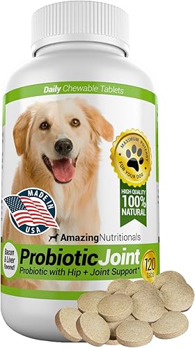 Probiótico Amazing Nutricionals con apoyo para cadera y articulaciones para perros elimina la diarrea y el gas sabor a tocino 120 tabletas
