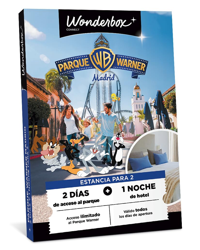 WONDERBOX Connect - Caja Regalo - Warner Parque Estancia - para 2 pers. | 2 entradas para 2 días - 1 noche en un hotel cerca del parque para 2 - Válido durante 27 meses