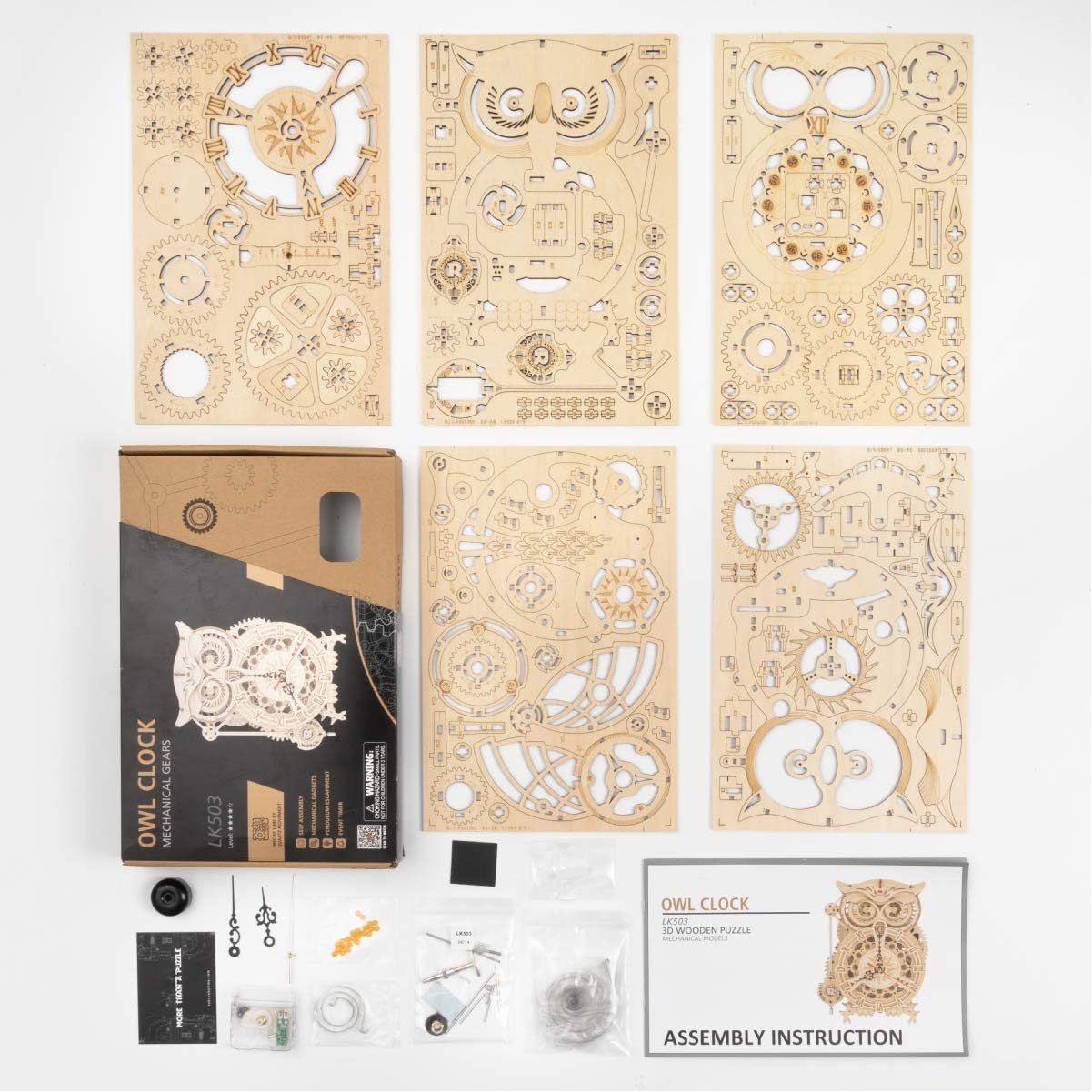 Robotime 3D Puzzle Holzbausatz Owl Clock Eulenuhr mit Beleuchtung, 161 Teile, Größe: 20,6 x 12,8 x 26,5 cm, LK503
