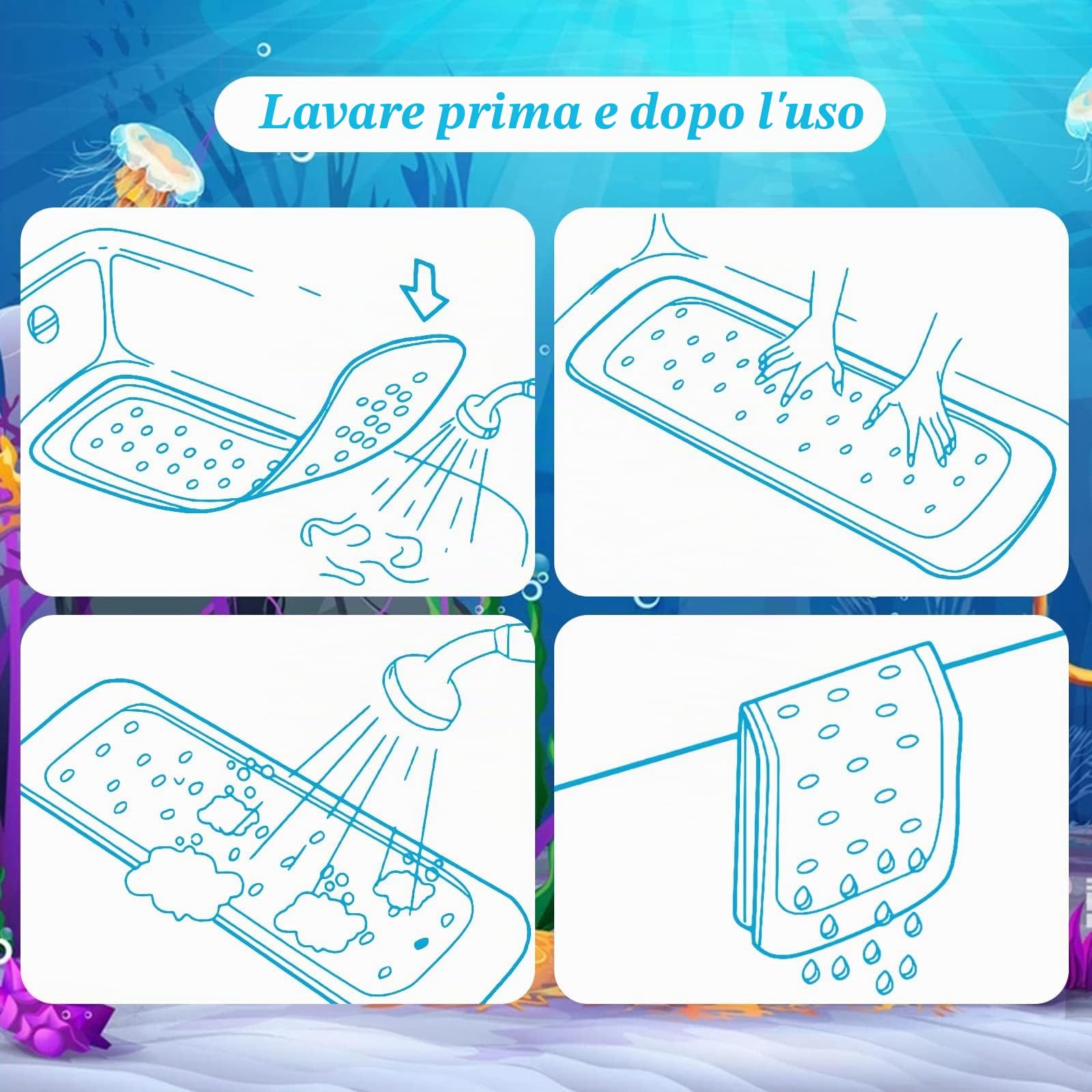 JOYBOY Tappetino Vasca Antiscivolo,100*40cm Tappetino Antiscivolo per Vasca da Bagno,Tappetino per vasca da bagno con 200 Ventose e Stampa di Oceano Animali a Colori Vivaci,Lavabile in Lavatrice