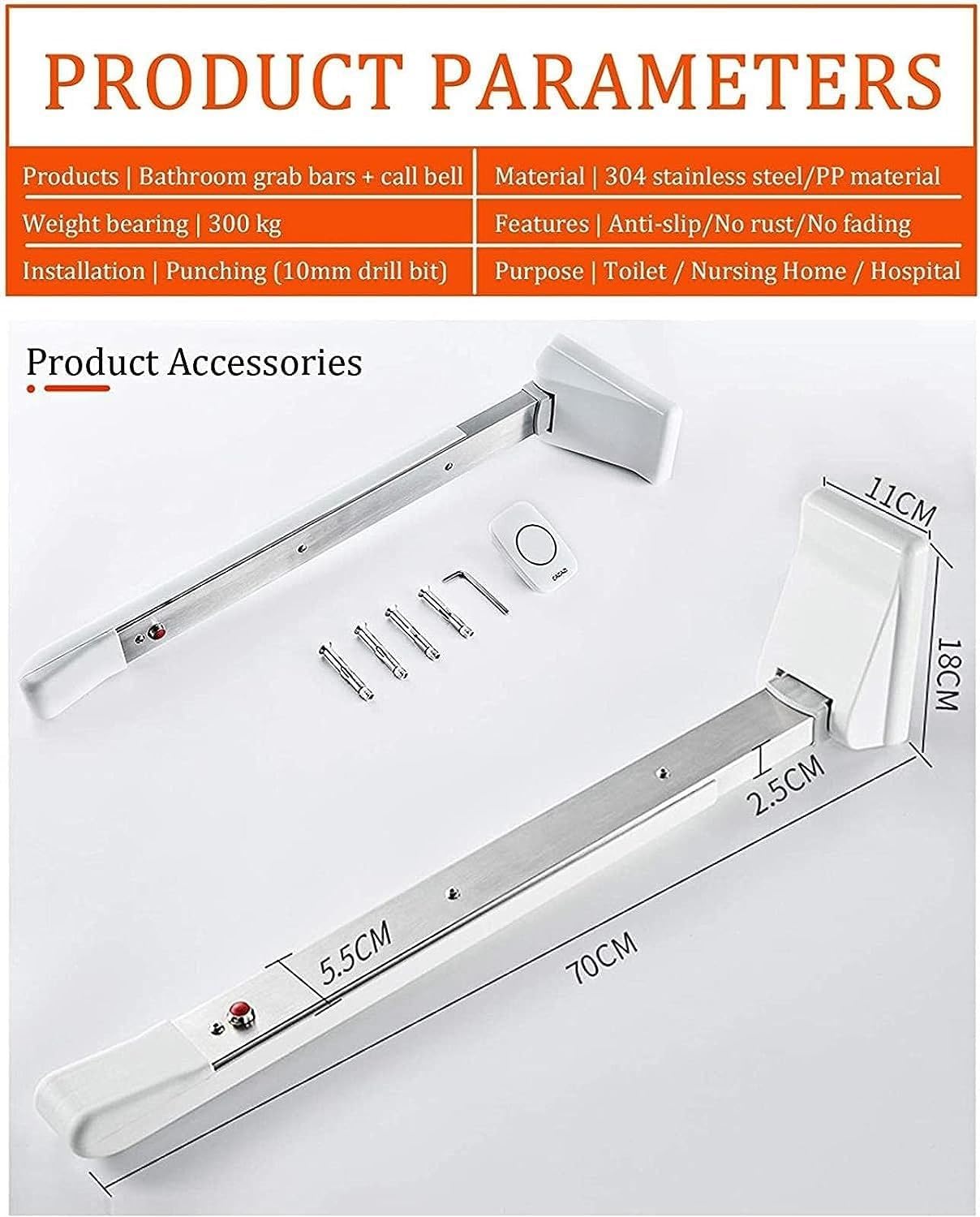 Barra di sostegno pieghevole in acciaio inox per disabili, per WC, bagno, antiscivolo, per anziani e persone bariatriche e disabili, con accessori per WC