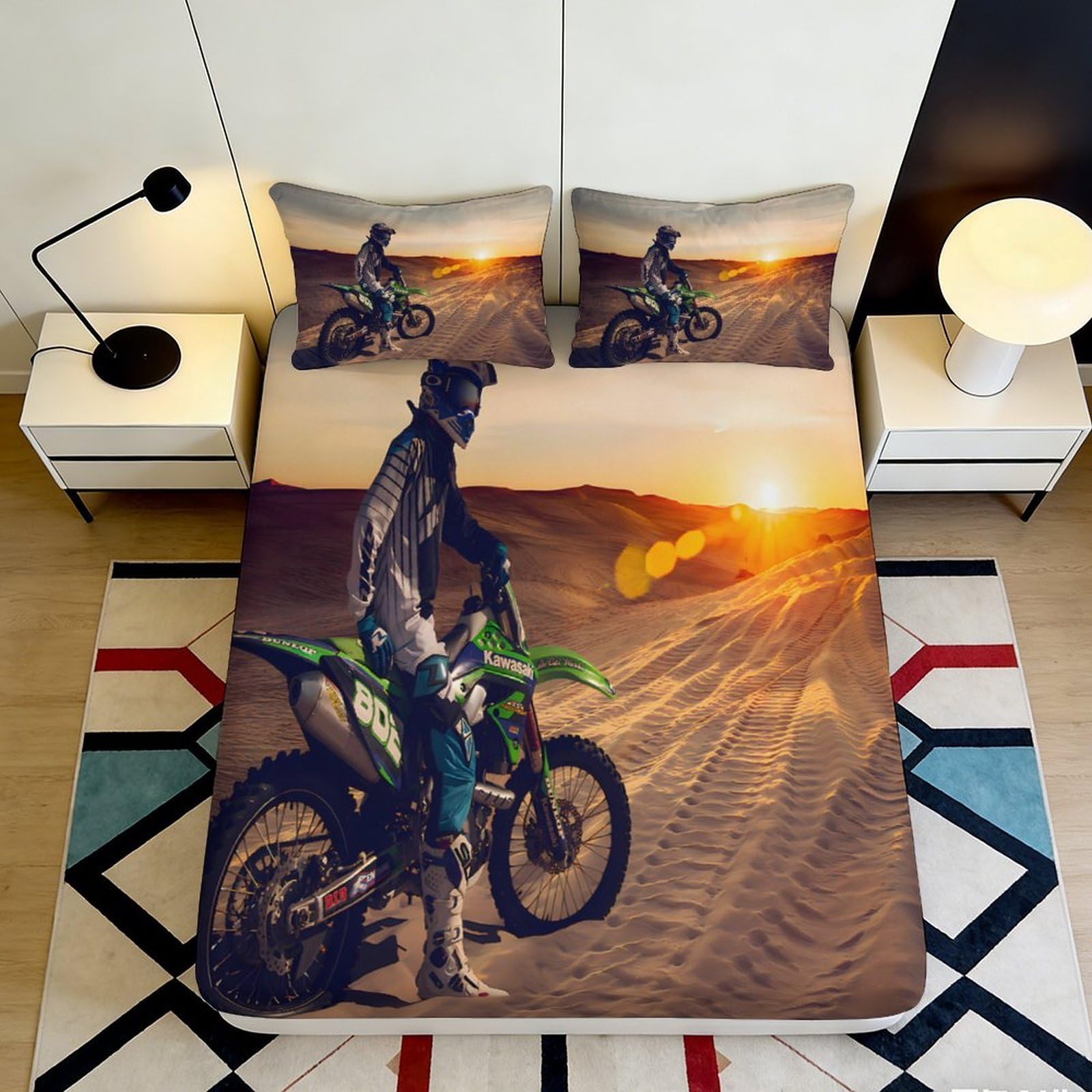 3D Printed Motocross Sunset Fitted Sheet Microfiber Anti-Slip Bed Cover for Bedroom Dorm Easy Care Decor 90x200x25cm