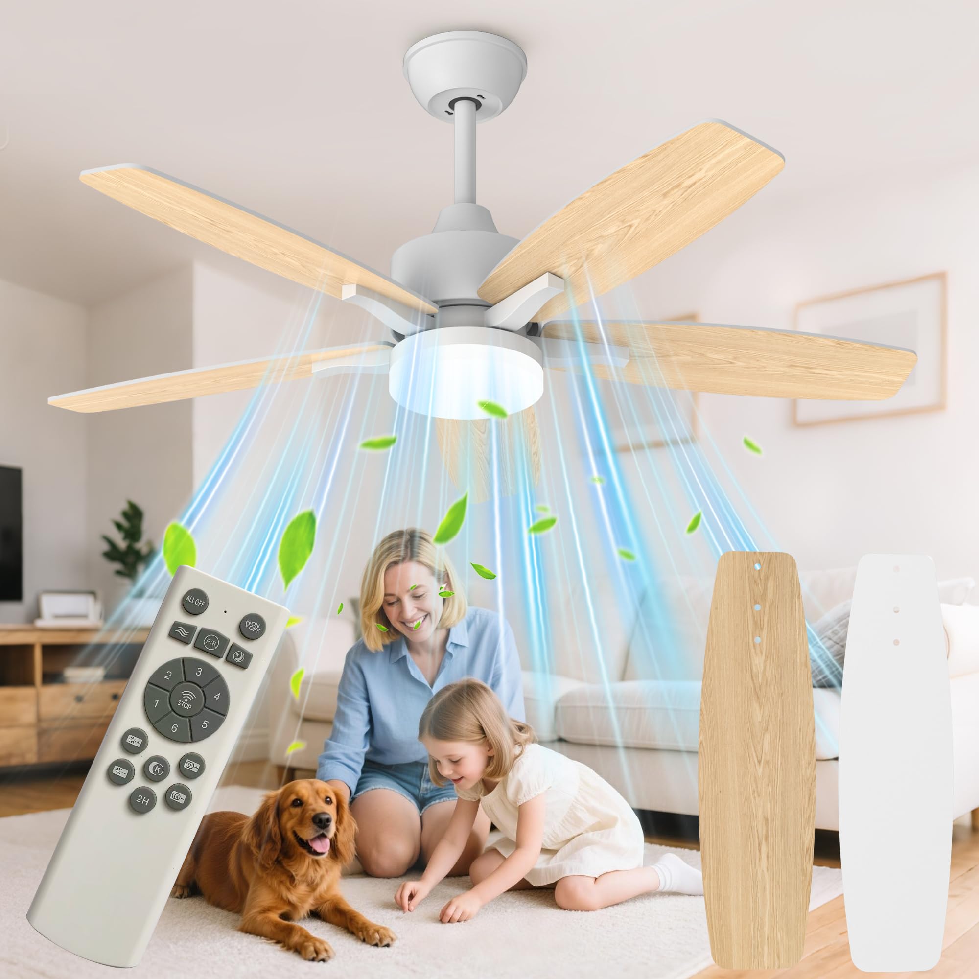 106cm Ventiladores Para el Techo con Lámpara, Ventilador Techo con Luz LED Madera de Doble Cara Ventilador Mando a Distancia, Temporizador, 3 Tonos de Luz 6 velocidades
