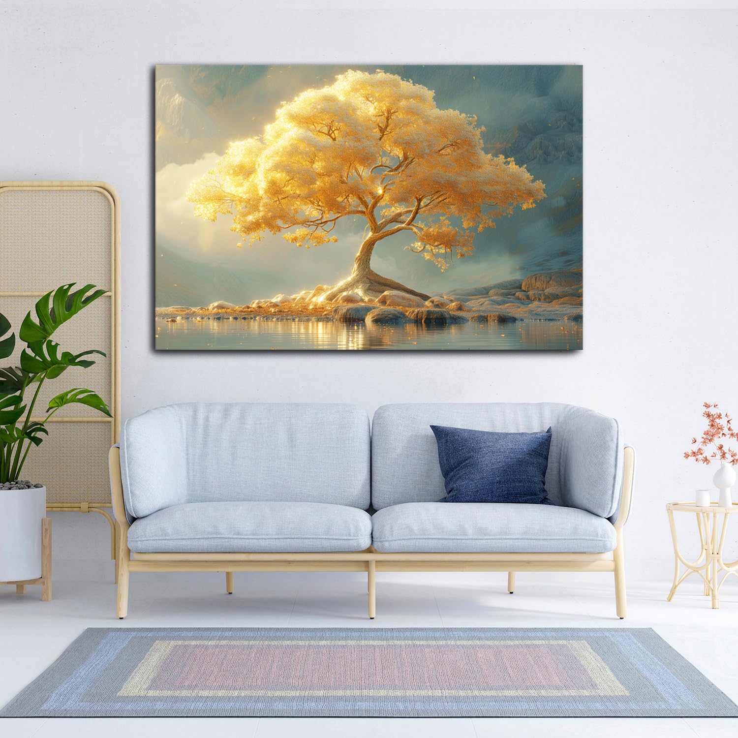 Startonight Tableau Abstrait Impression sur Toile Lumineux - Arbre de Vie Jaune Clair - Décoration Murale Moderne pour Salon - Grande Image sur Toile 80x120 cm - Idée Cadeau Élégante et Originale
