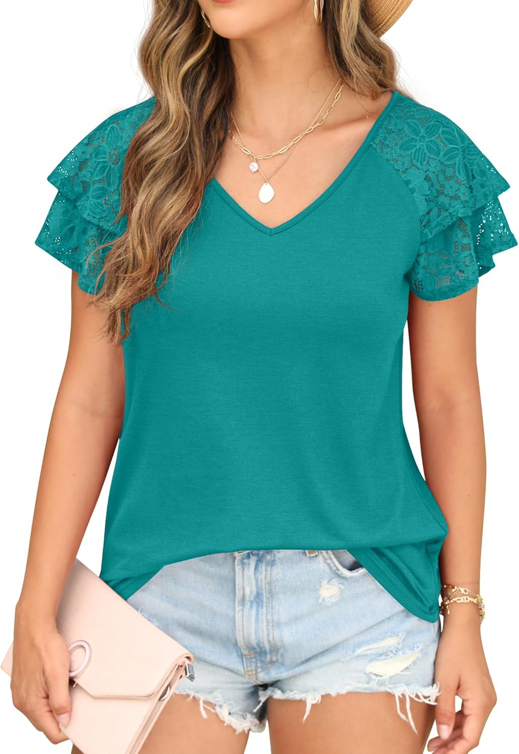 Womens Summer Tops Ruffle Sleeve with Lace Short Sleeve V Neck Shirts Casual Loose Fit T-shirts - Image 2