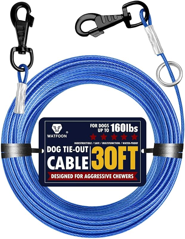 Guia de contenção para cães WATFOON com cabo refletivo, ganchos giratórios 360° e anel metálico, azul, 9,14 m