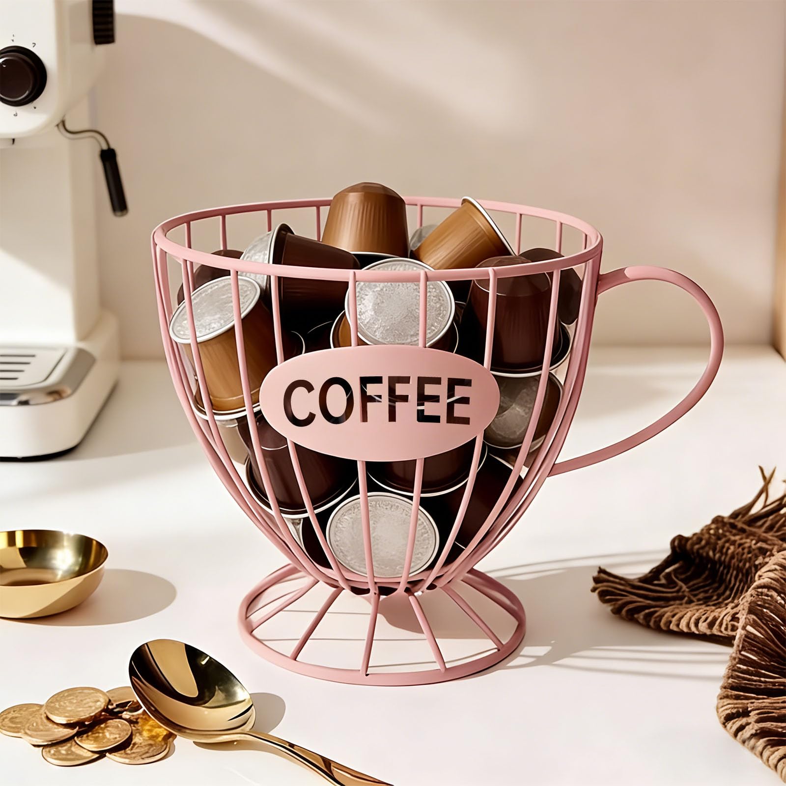 Mwrdsm Pink Coffee Pod Holder, Large Capacity K Cup Holder Coffee Capsule Storage Basket Tea Organizer For Countertop Kitchen Bar (Pink)