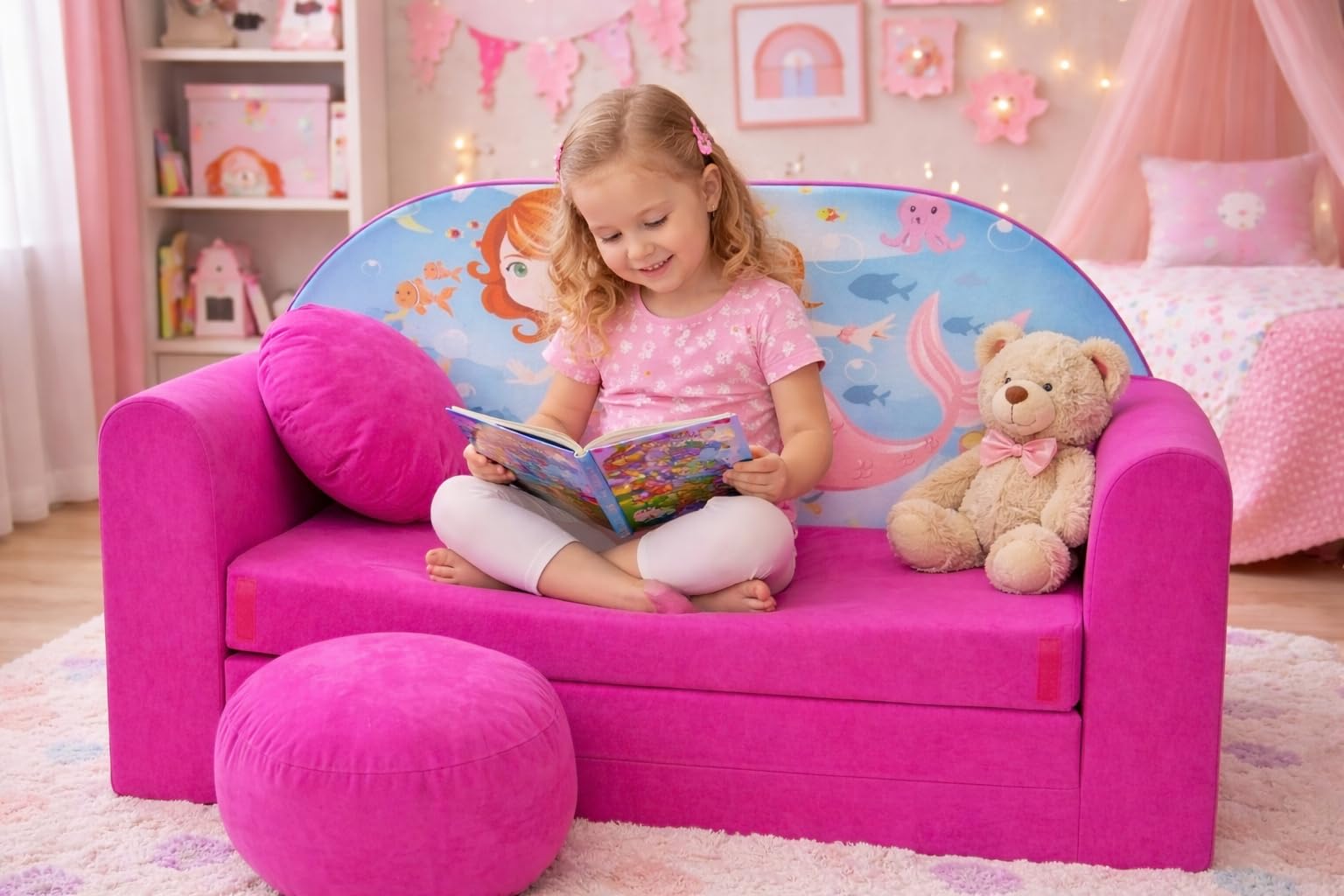 Kindersofa Schlafsofa mit Bettfunktion H4 Rosa mit Hocker + Kissen