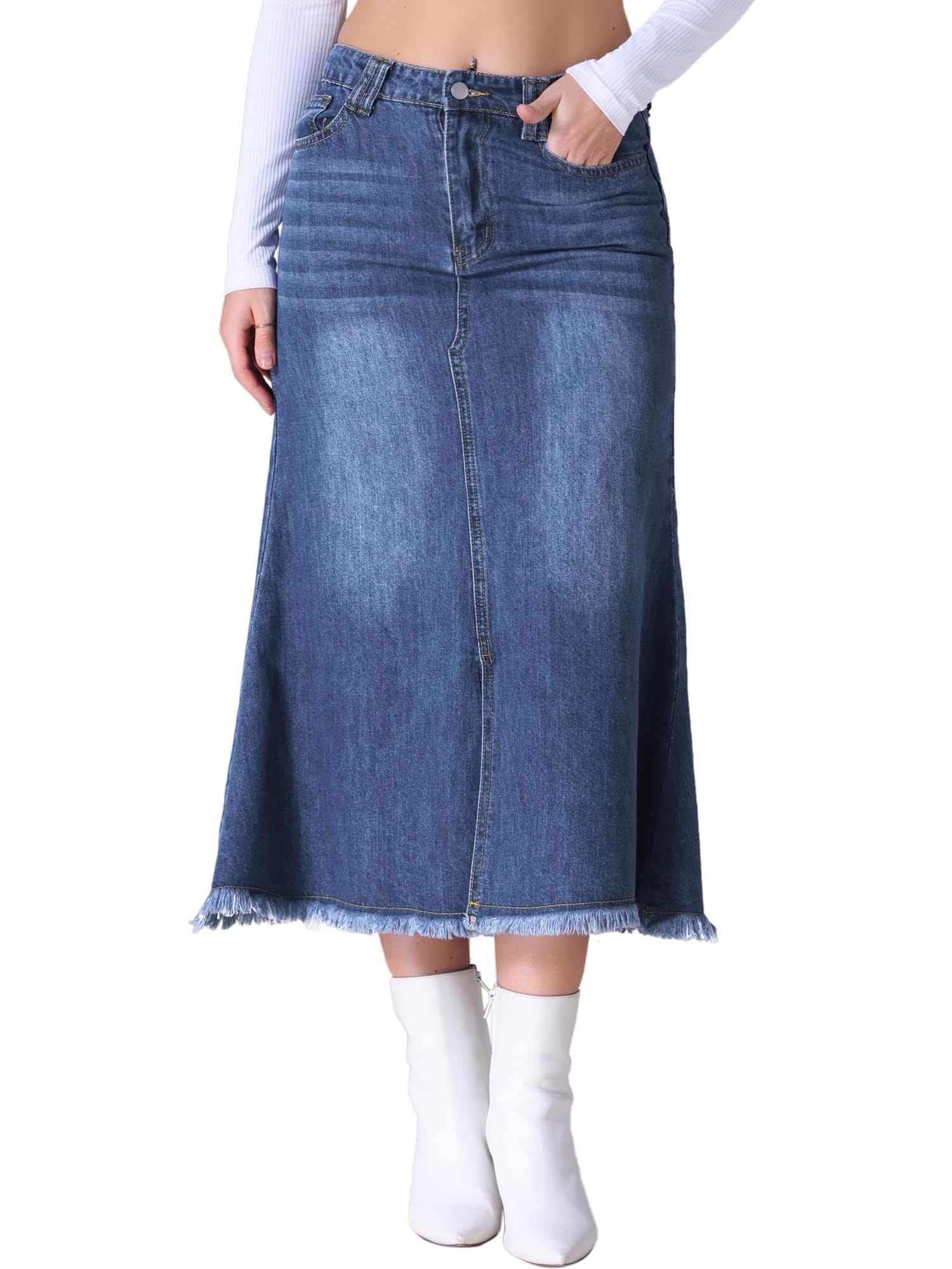 Womens Vintage Denim Midi Skirt High Waisted A-Line Slit Fishtail Long Jean Skirts
