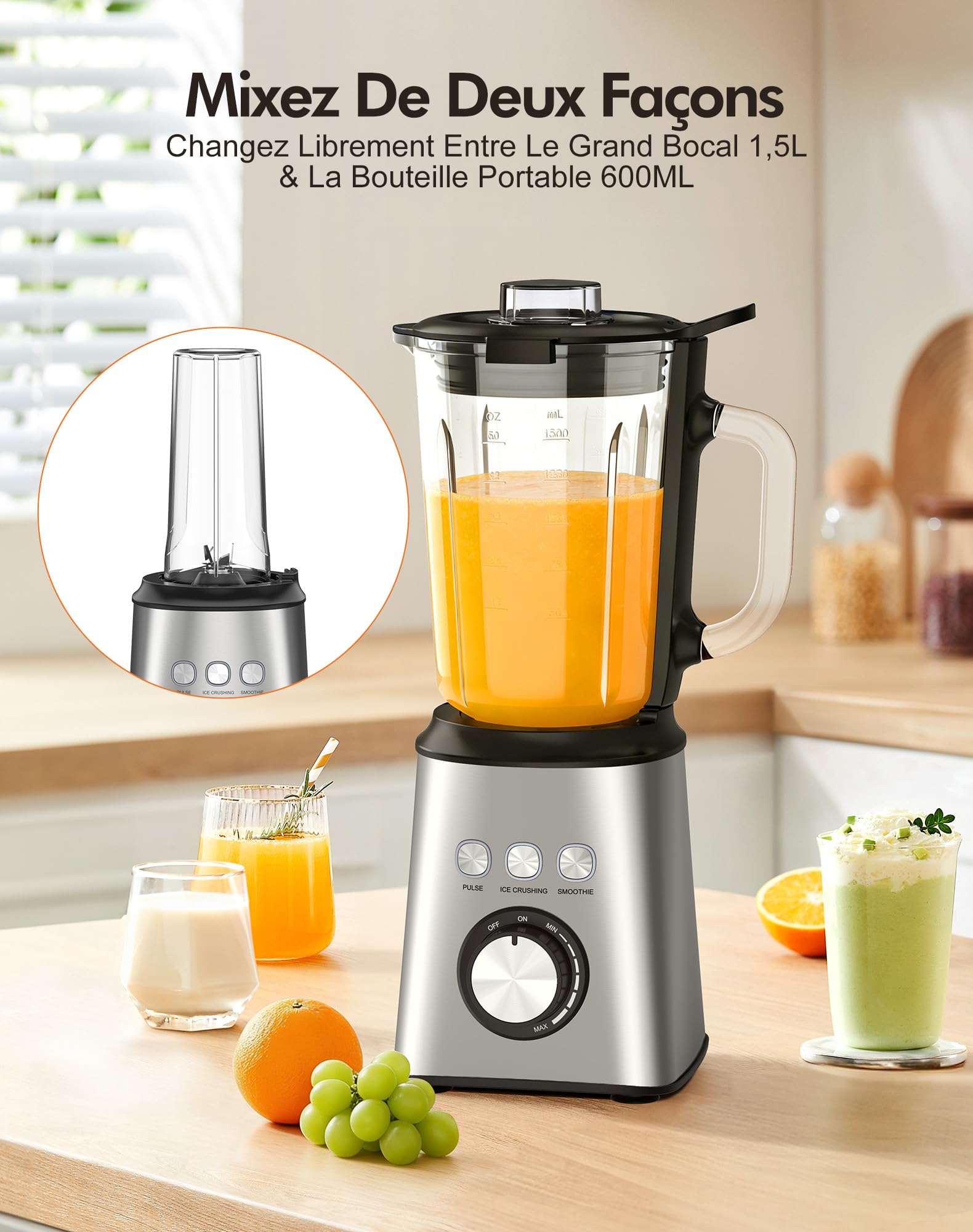 Blender Mixeur 1000W, Blender Smoothie Haute Vitesse avec Bol verre 1,5 L & Tasse 600ml, 3 Modes et Vitesse Infinie, 24000 tr/min, Inox, Pour Glace Pilée, Smoothies, Jus, Shakes (Blender-01)
