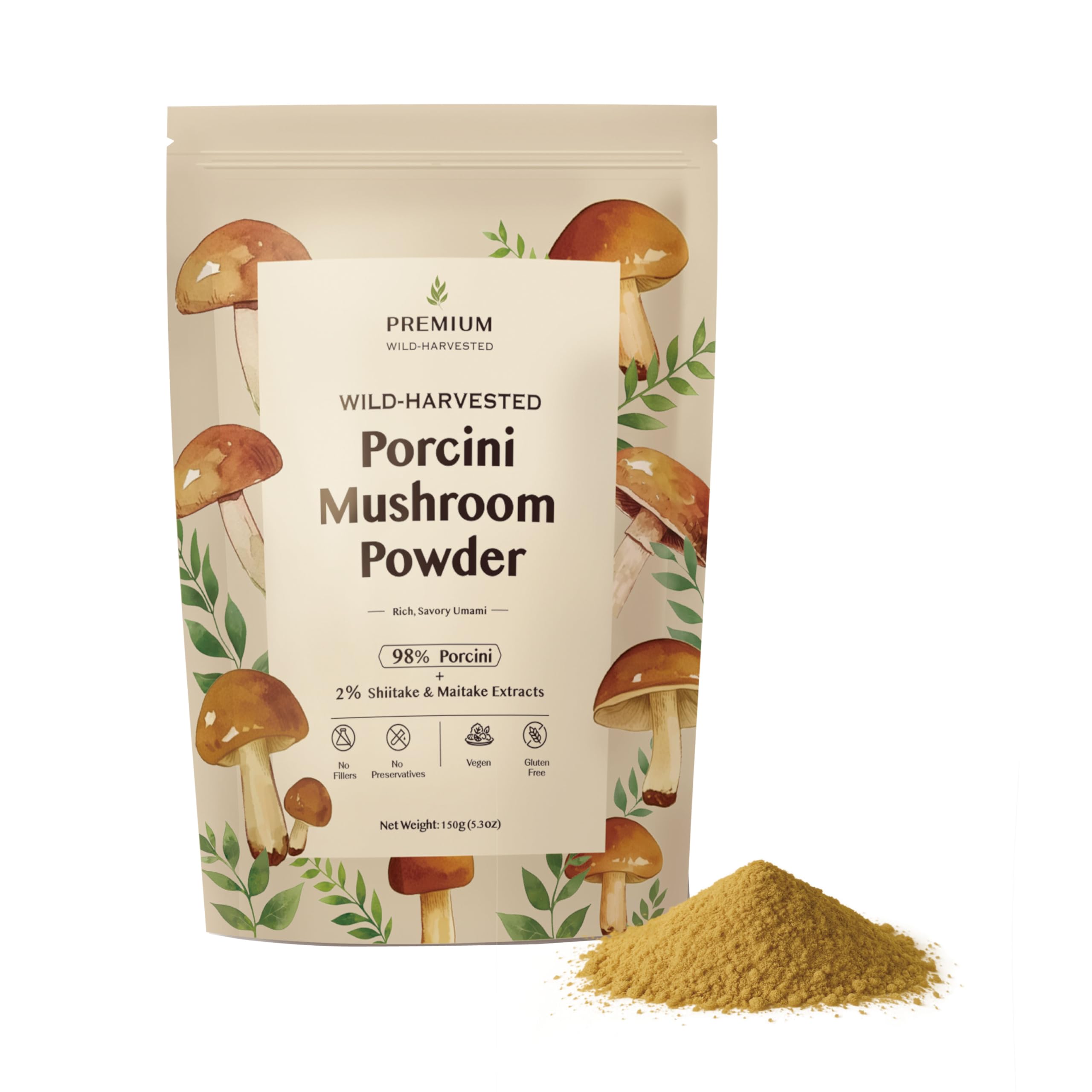 Premium Wild-Harvested Porcini Mushroom Powder, 98% Porcini + 2% Shiitake & Maitake, Rich Umami Flavor, Gluten-Free, Vegan, Keto-Friendly, Perfect for