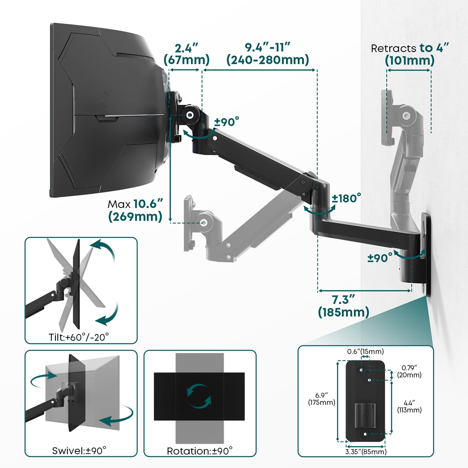 Supporto Monitor Muro 17-57 Pollici – Braccio Monitor Muro con Molla a Gas Regolabile in Altezza, Inclinabile e Girevole, Supporta 2-20 kg, VESA 75/100/200 mm