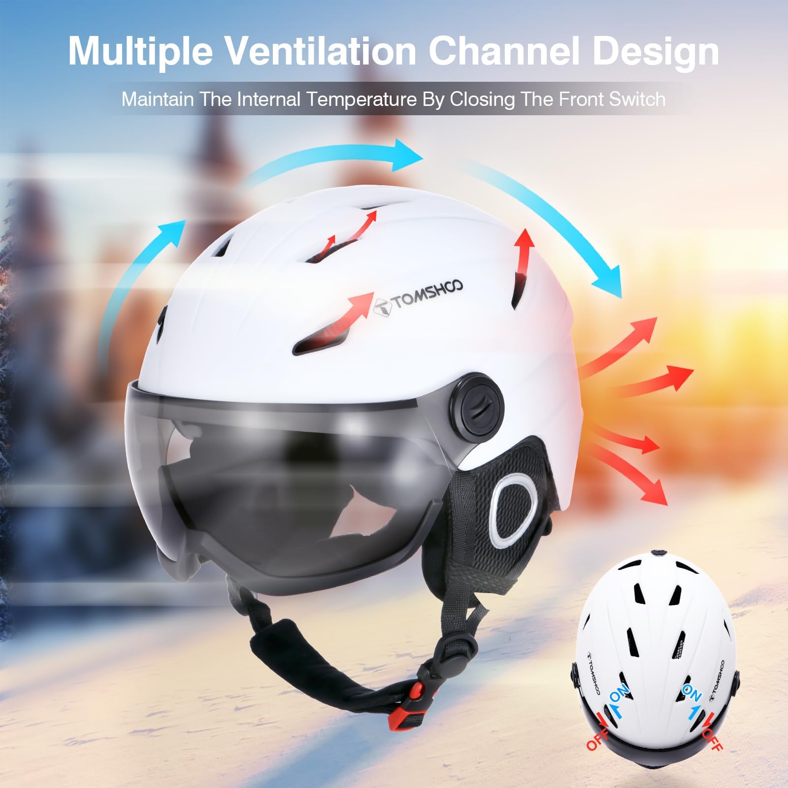 TOMSHOO Casco da Sci con Visiera, Caschi Sci Professionale con 14 Prese d'Aria Indipendenti, Fodera Rimovibile, Dimensione della Testa Regolabile per Sci Snowboard