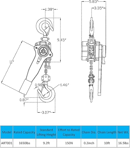 Miniatura 5 de Polipasto de cadena de palanca, capacidad de 34 toneladas, cadena de grado G80, elevación de 10 pies, factor de seguridad 4+, certificado CE, ideal