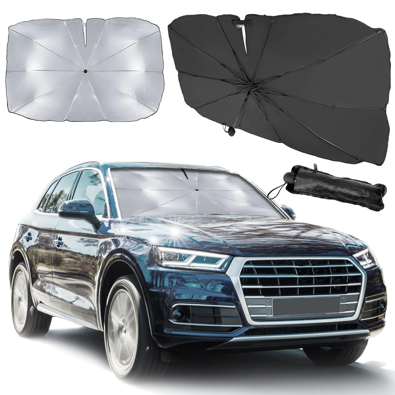 Parasol Plegable Coche Delantero, Parasol Ventana Coche Grande, Sombrilla Paraguas del Coche, El Mango del Paraguas es Ajustable, No Obstruye el Espejo Retrovisor (138 × 78cm)