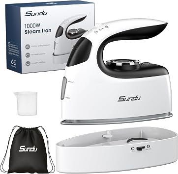 Sundu Mini Travel Steam Iron, 1000W Portable Small Iron with Non-Stick Plate, 300 Steam Holes, 90ml Tank, Safety Base & Digital Temp Control for Quilting Sewing-Black White