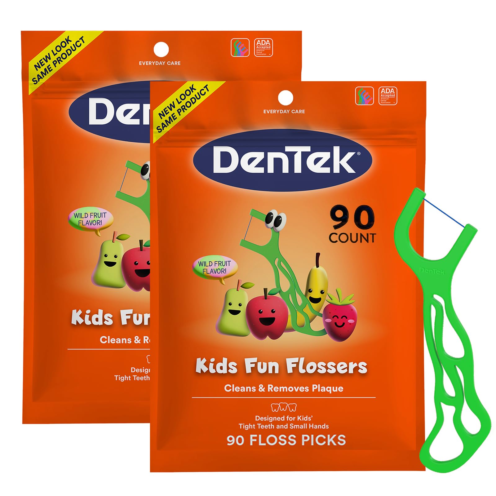 DenTek Fun Flossers – Kids Floss Picks with Wild Fruit Flavor, 90 Count (Pack of 2)