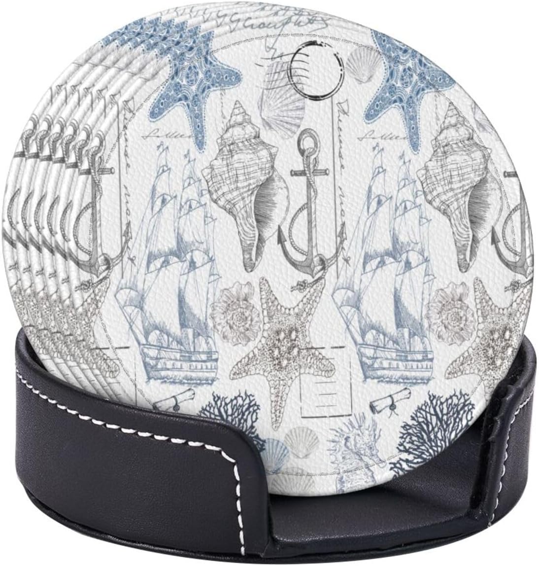 航海ラウンドドリンクコースター6個セット、海底貝殻ブルー海岸ビーチ灯台モダンオーシャンプリントネイビーヒトデ装飾家庭用ドリンクコース