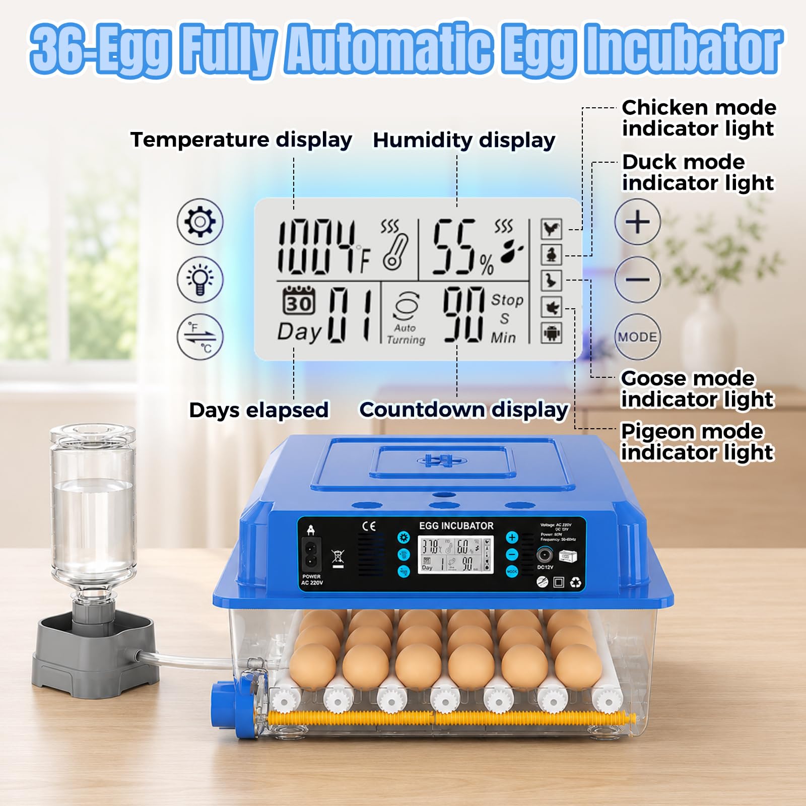 Incubadora de Huevos Automática para 36 Huevos Gallina - Control Automático deTemperatura/Humedad, Giro Automático y Fuente de Alimentación Dual, para Pato Codorniz