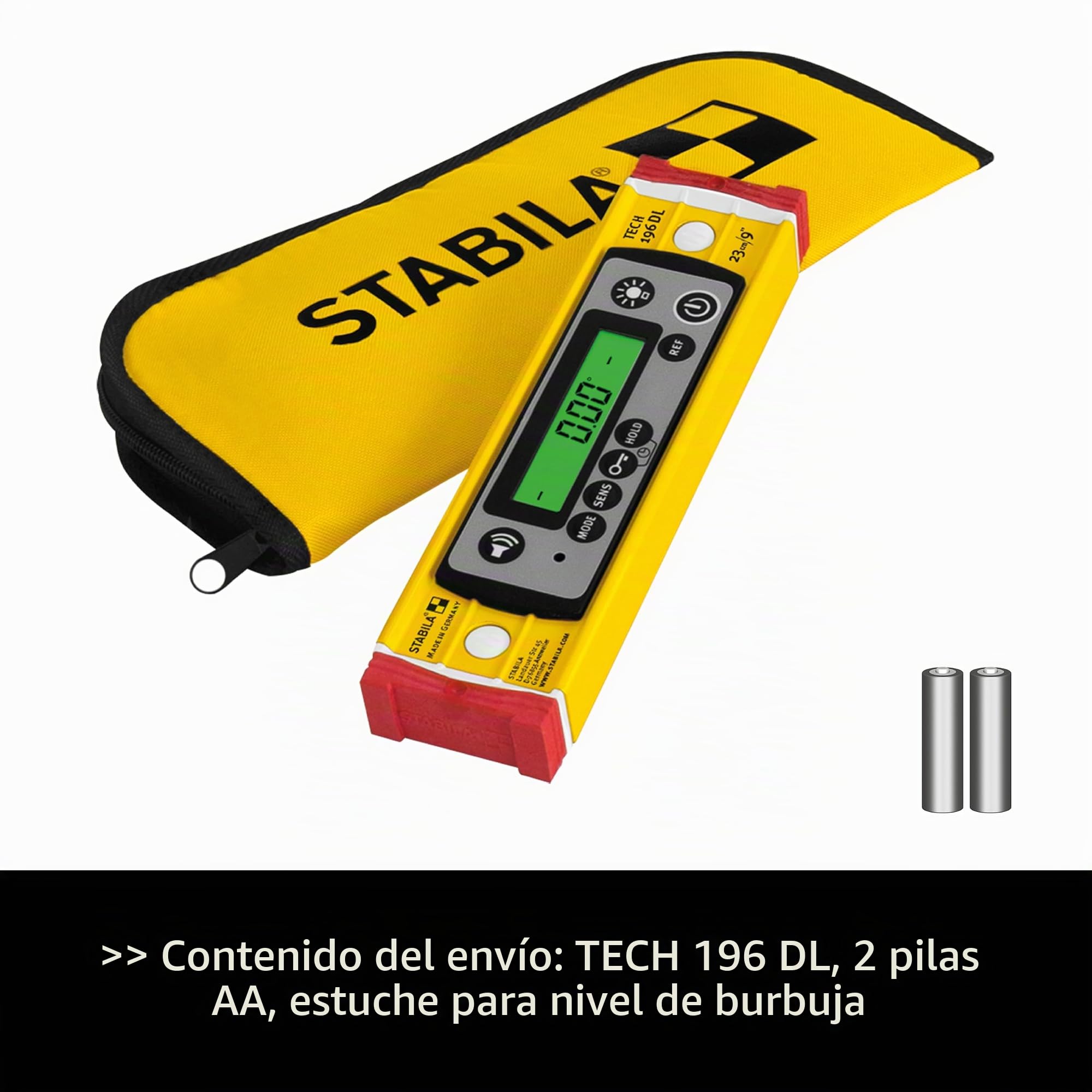 STABILA Nivel de burbuja digital TECH 196 DL, 23 cm, resistente al agua y al polvo IP67, 2 pantallas digitales, sin calibración, modos de visualización: °,%, mm/m, in/ft, bolsa