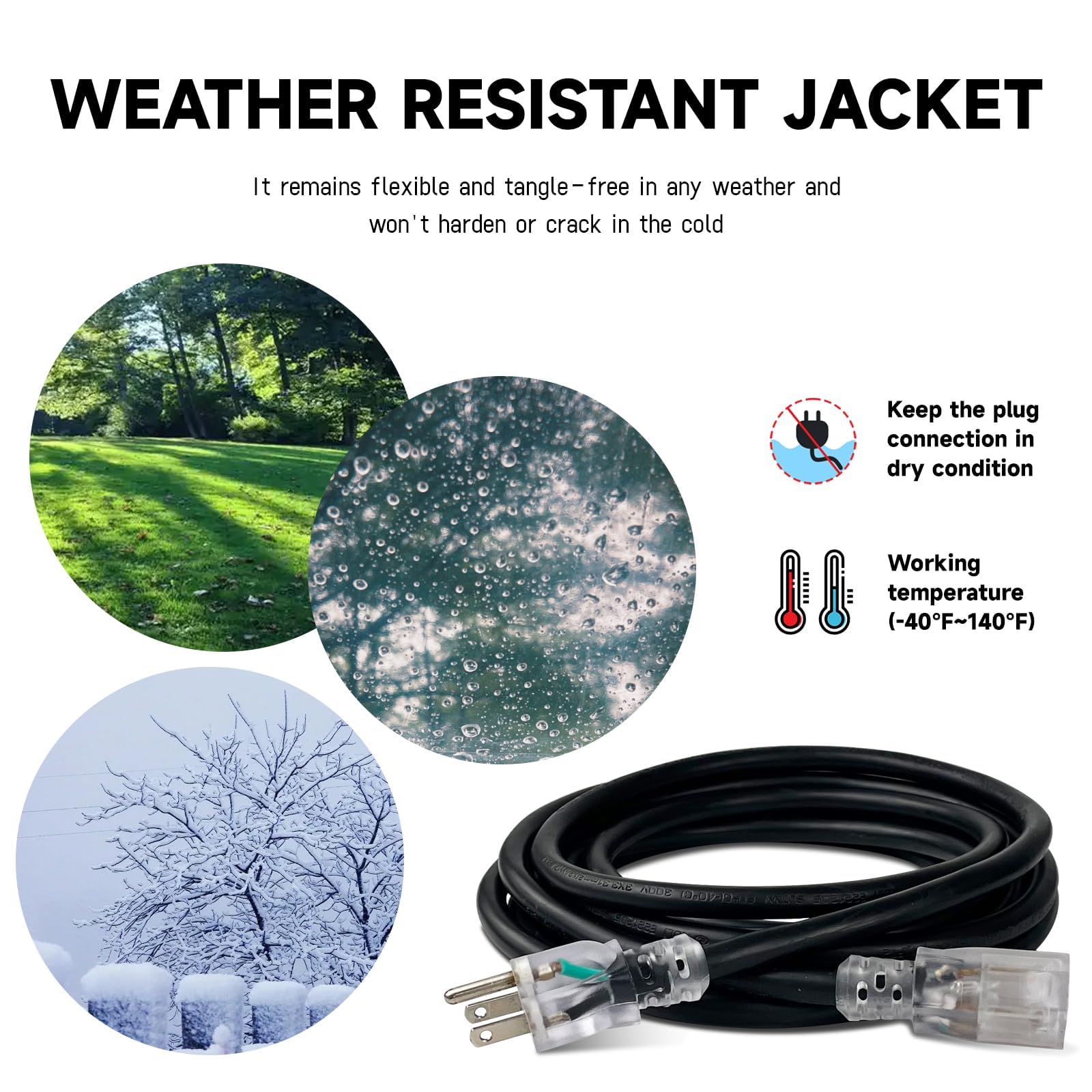 EP Cable De Extensión Iluminado Para Exteriores De 50 Pies - Cable De Extensión Negro Resistente SJTW De 10/3 Con Enchufe Con Conexión A Tierra De 3 Clavijas Para Seguridad, Listado