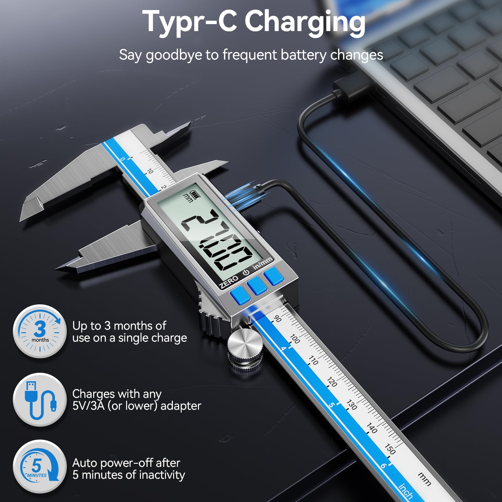 Preciva Pied a Coulisse Numérique Rechargeable,150mm Pied à Coulisse de Précision,Étanche IP54,Écran LCD Large, mm/inch/fraction,Câble de Recharge Type-C Inclus
