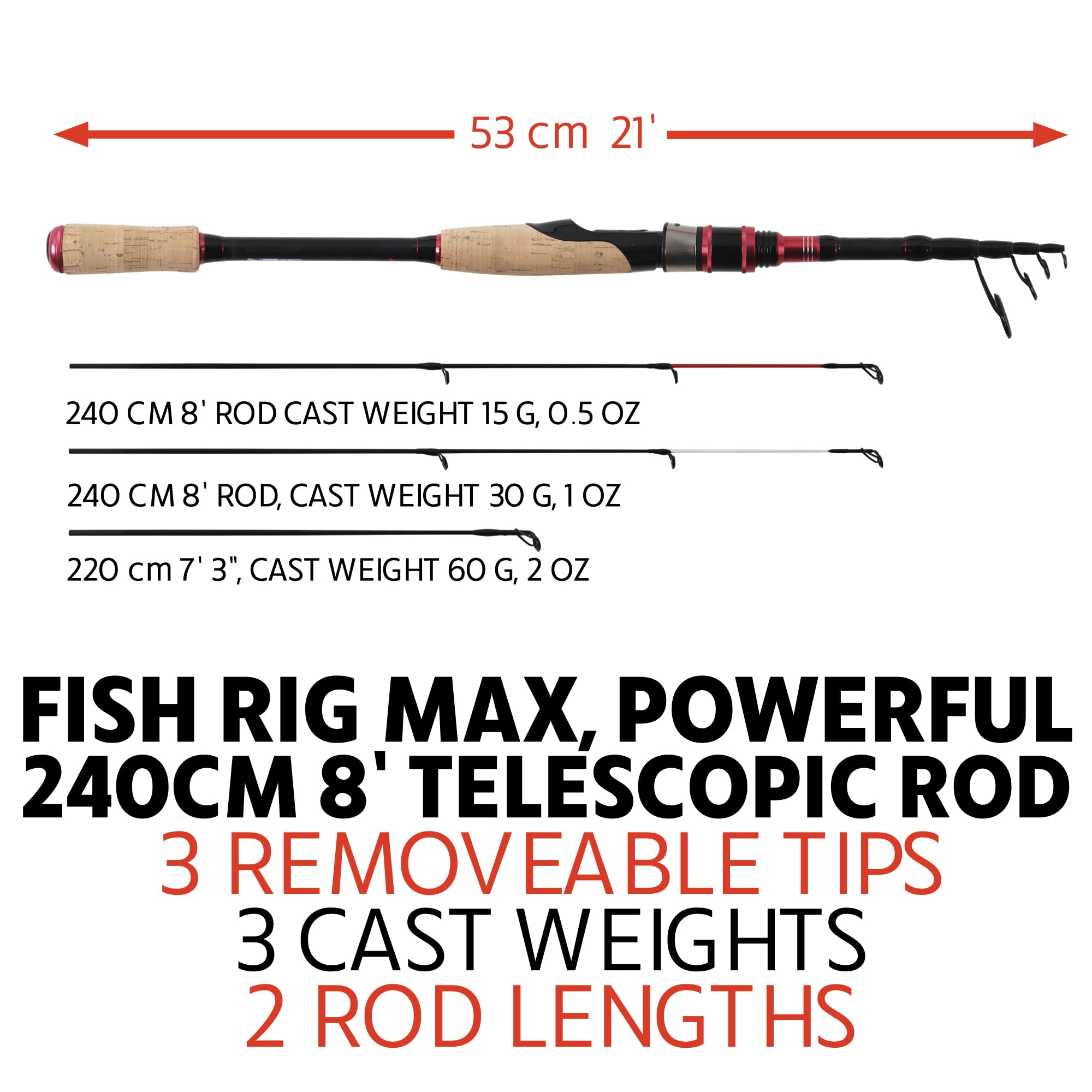 Rigged and Ready Fish Rig Max - Canna da pesca telescopica Spin & Bait-Cast da viaggio con micro grilletto unico, canna in carbonio + 3 punte. 240 e 210 cm, 0-15, 10-30, 20-50 g
