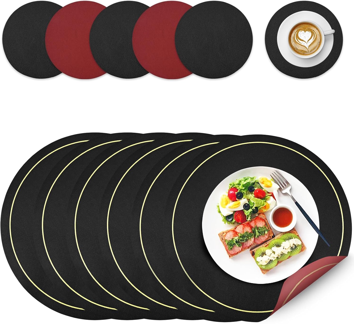 Placemats and Coaster Sets 6, Double Sided Round Leather Black