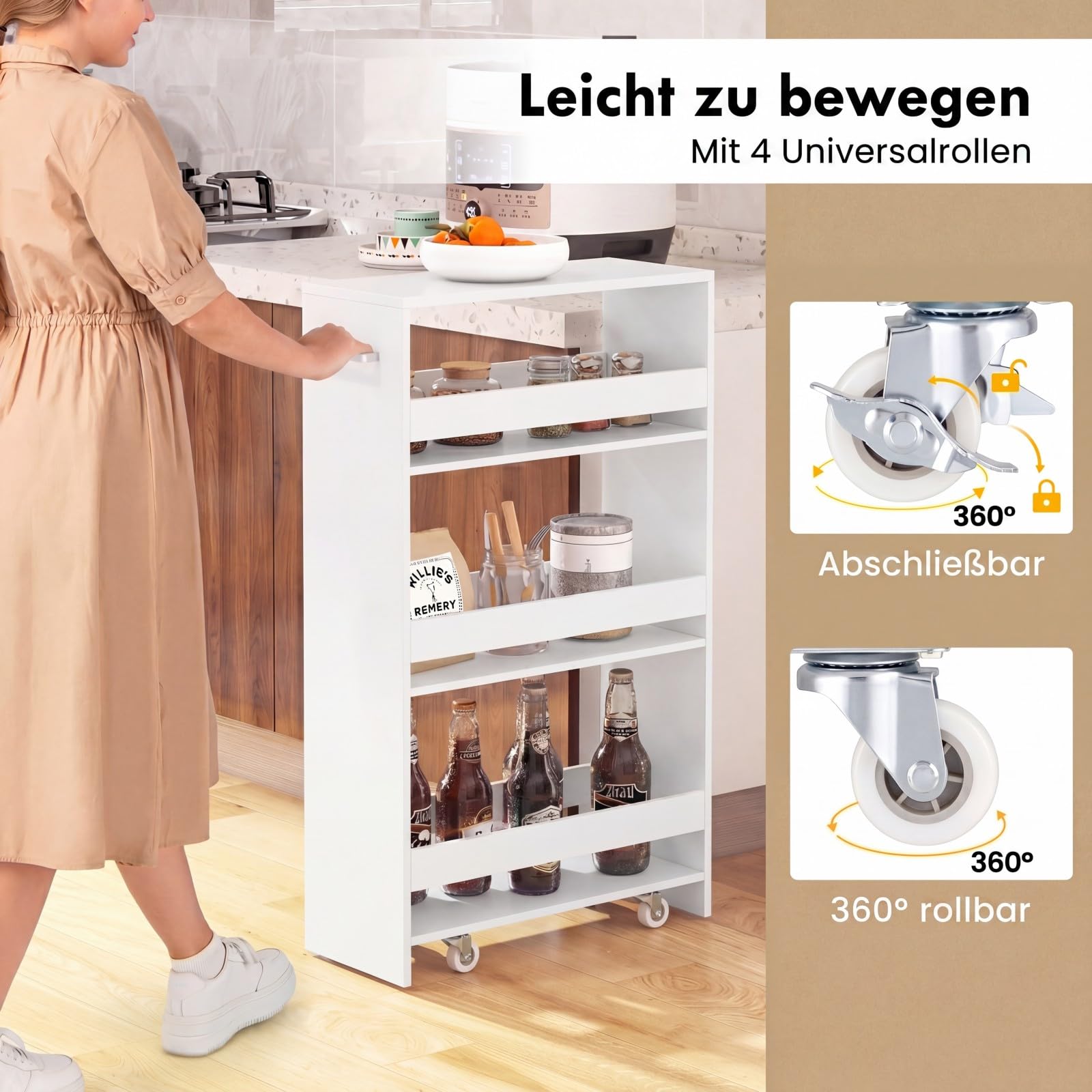 COSTWAY Wózek wnękowy 20 cm szerokości, wąski wózek kuchenny 4-poziomowy, regał wnękowy na kółkach, wózek do serwowania z uchwytami i balustradą, regał łazienkowy z drewna, do kuchni, łazienki, 47,5 x