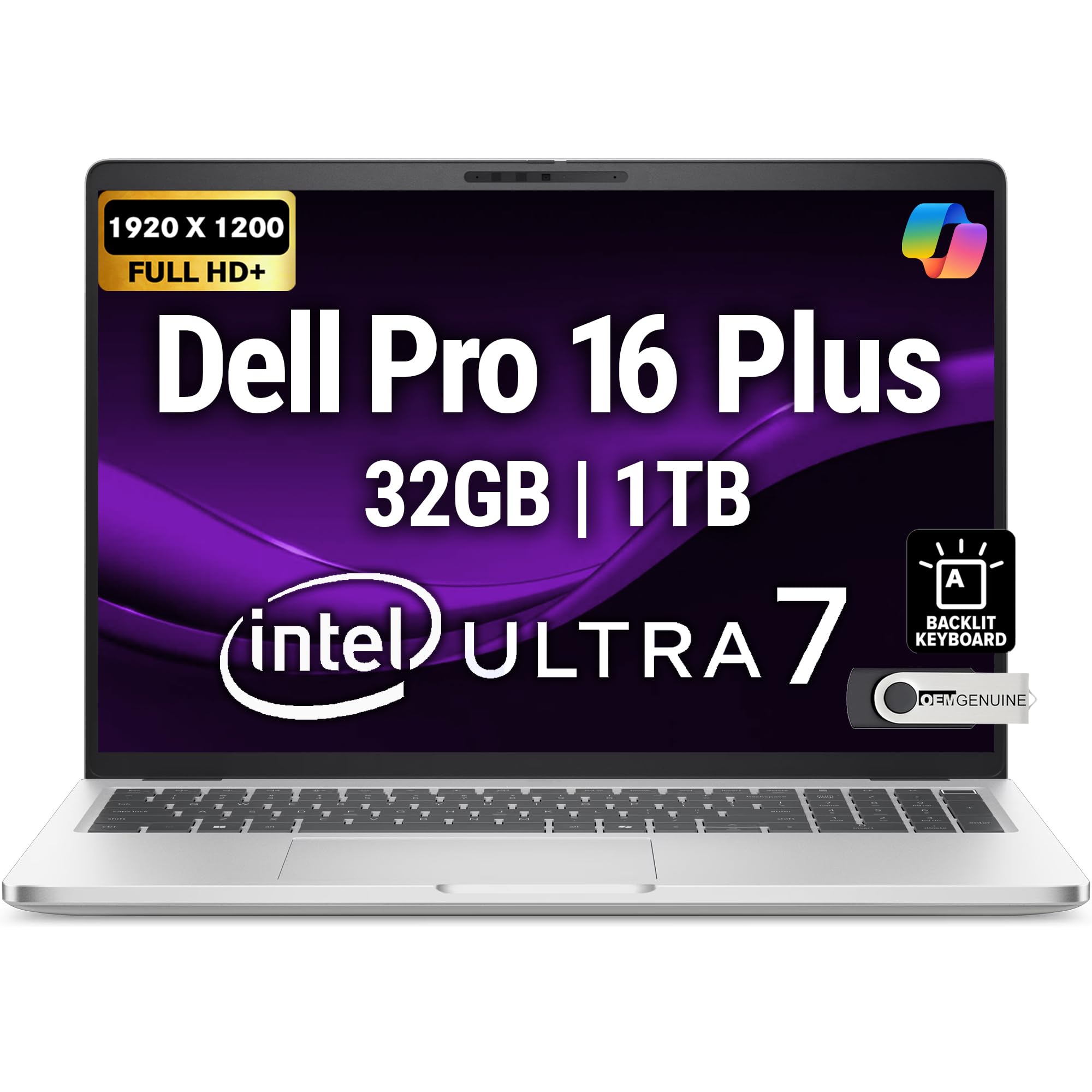 Dell Pro 16 Plus PB16250 (Replaces Latitude 5550) Business Notebook 16" FHD+ Intel Ultra 7-265U, 32GB DDR5 RAM, 1TB NVMe, Wi-Fi 6E, BT, Backlit Keyboard, HD Webcam, RJ-45, Win 11 Pro