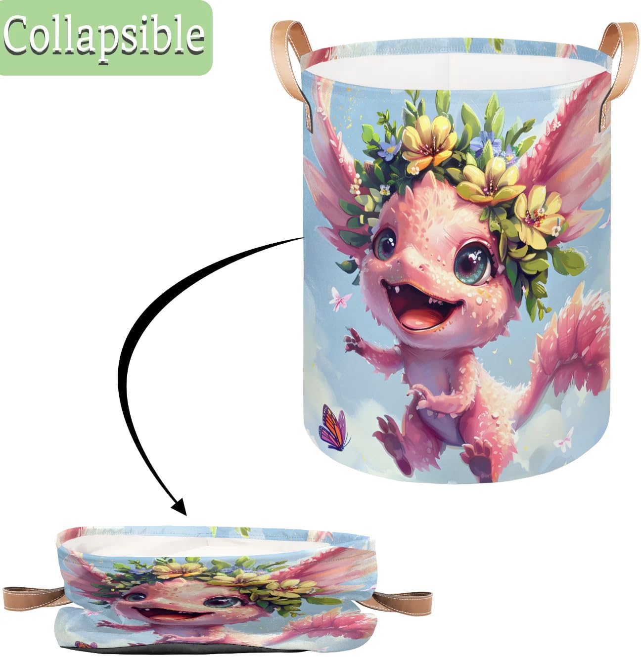 Pink Dinosaur Collapsible Baby Laundry Basket for Dirty Clothes, Nursery Laundry Hamper with Leather Handle Lightweight