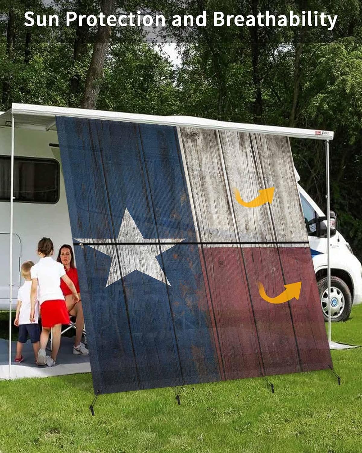 Western Texas Star RV Awning Sun Shade Screen 9' x 7', Retro Mesh RV Awning Shades Complete Kits, Blue White Red Wooden Sunlight Blocker Outdoor Canopy for Camping Trailer Motorhome