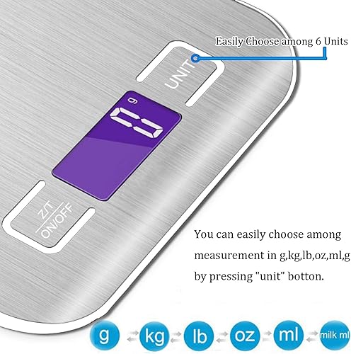 Miniatura 2 de Báscula digital blanca de cocina para alimentos, peso gramos y onzas, pantalla retroiluminada LED (batería AAA), acero inoxidable…, 0.00 oz-11.0 lbs