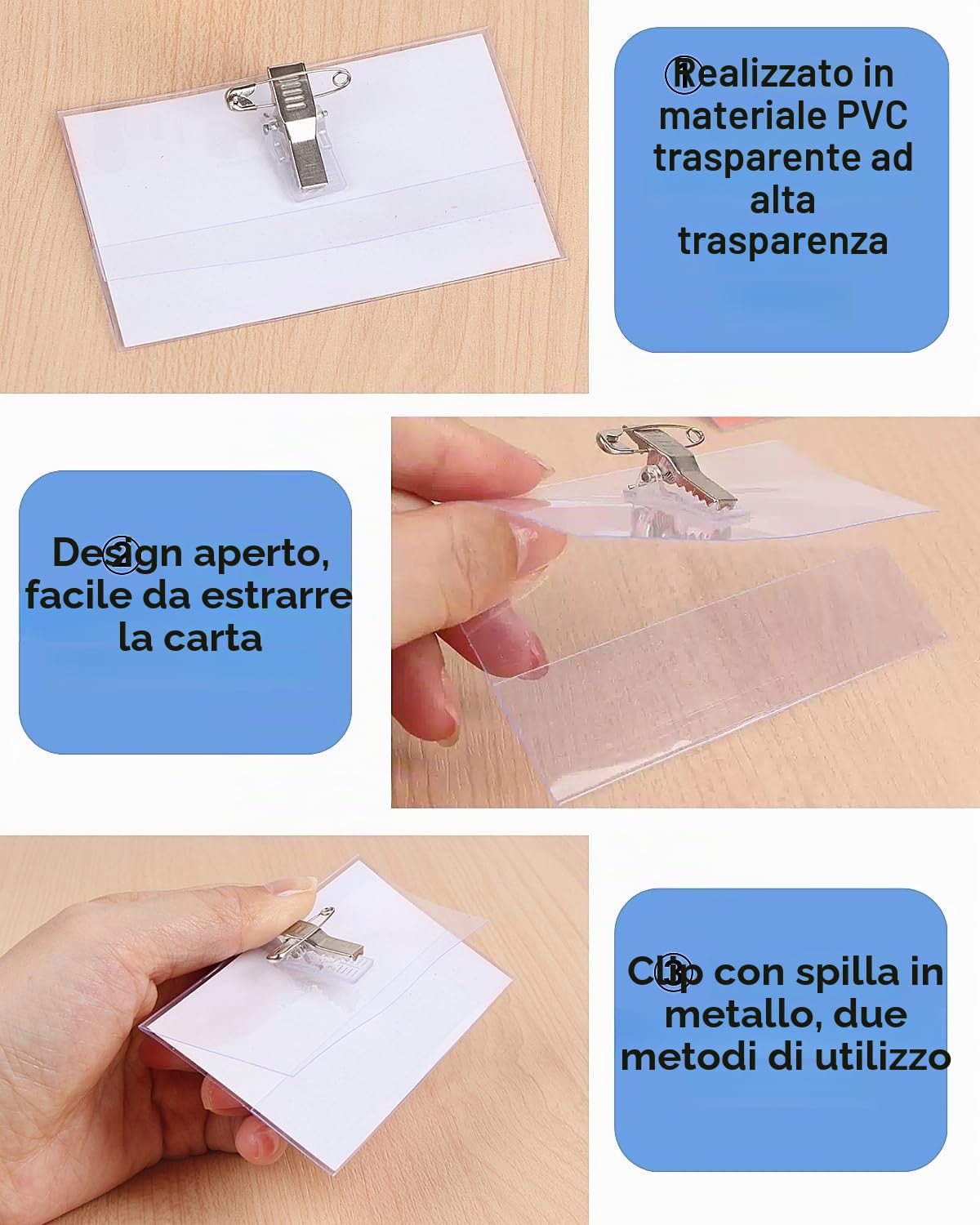 Porta Badge in Plastica Trasparente 90mm x 56mm Clip Orizzontale 24 Pezzi