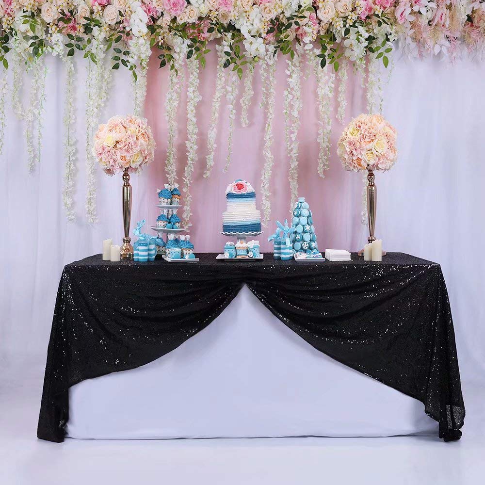 TRLYC 50"*85" Black Wedding Sequin Table Cloth Rectangle Glitz Tablecloths Black Sparkly Table Cloth