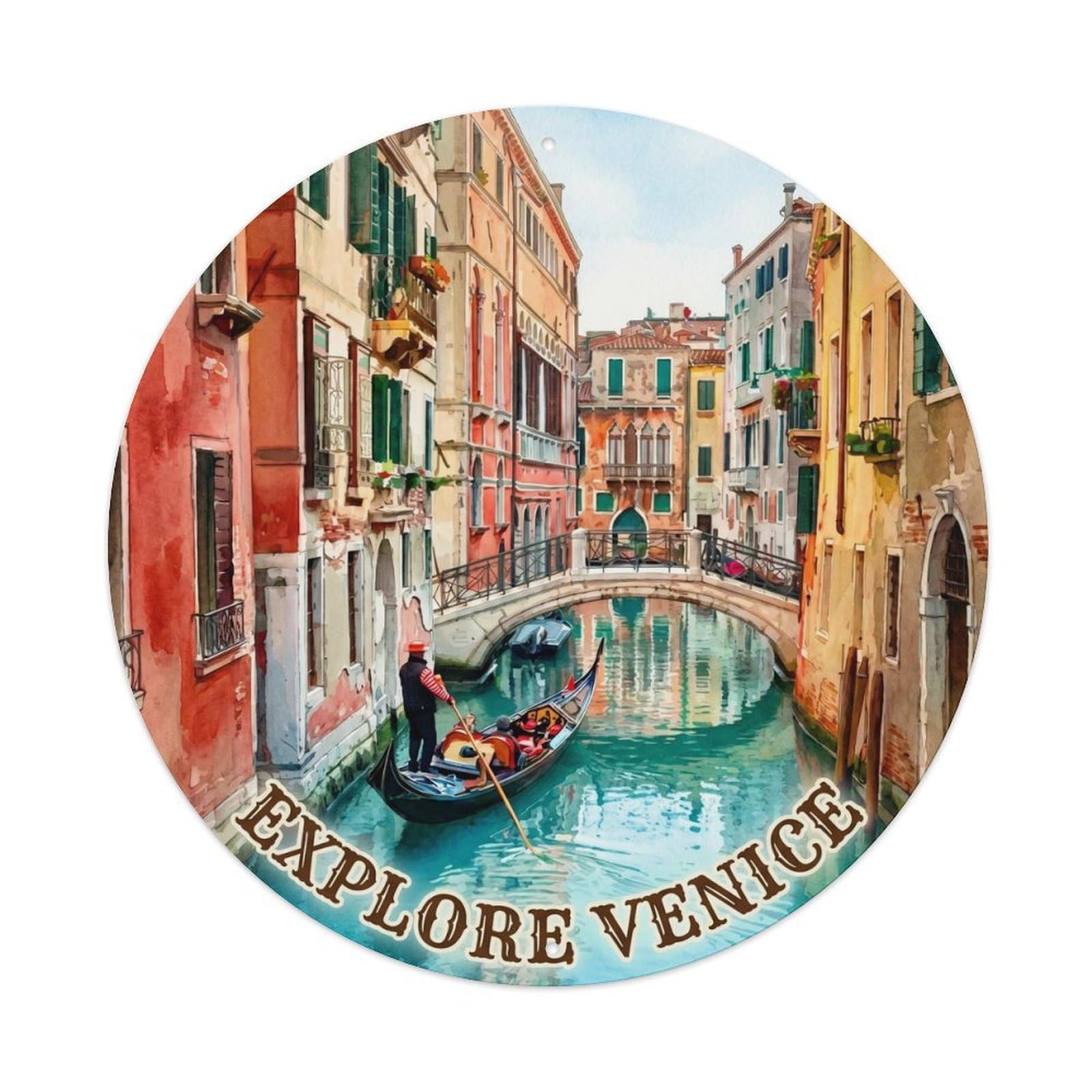 Classic Venice Gondola Canal Heritage Italian Tourism Wanderlust Metal Tin Sign Plaque Wall Decor for Cafe, Man Cave, Club Bar, Office, Home Garden Round Metal Poster 8x8Inch